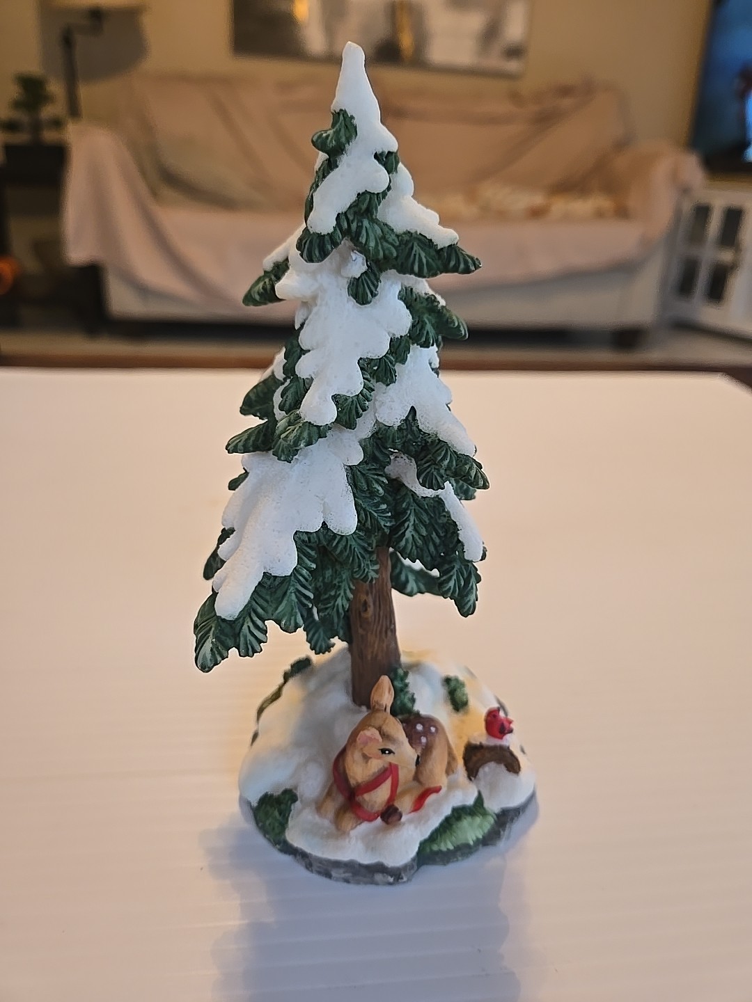 Winter Woodland Scene w Fawn Deer Cardinal Snow Pine Trees, 7″
