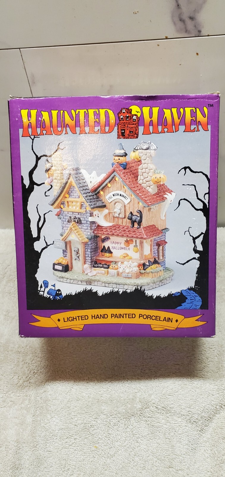 Haunted Haven FULL MOON MARKET Vintage Halloween Lighted Porcelain House w/ Box