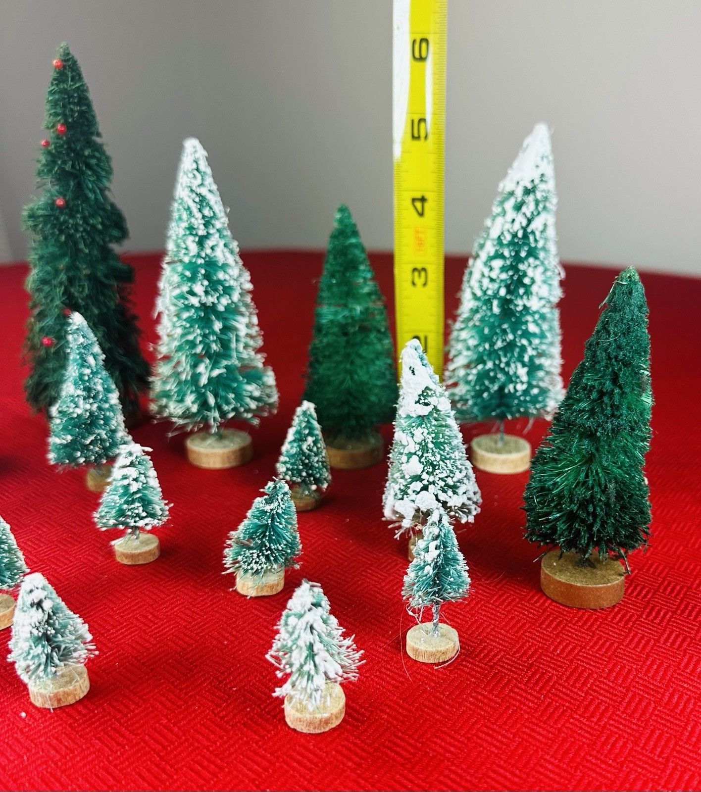 18 Lot VTG Christmas Green White Flocked Tree Wood Base Decoration 1.5″ – 6″