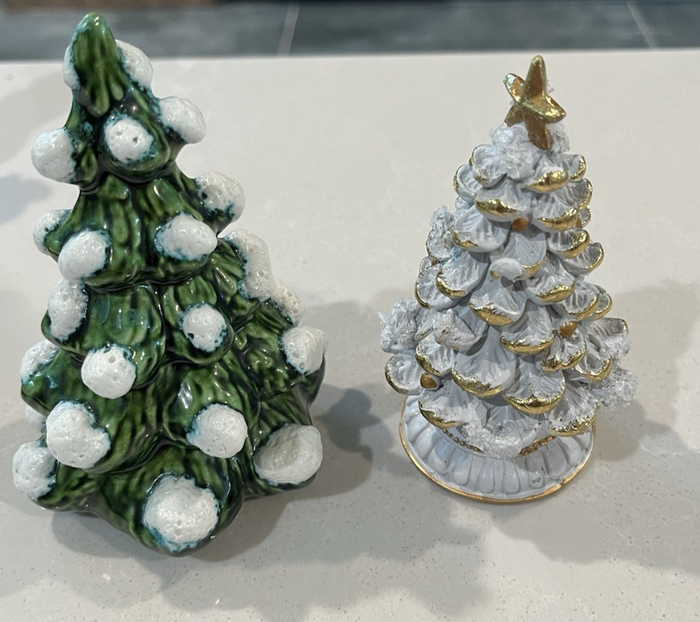 (2) Porcelain Miniature Christmas Trees; The Green One 4 3/4″ ,The White 4 1/2