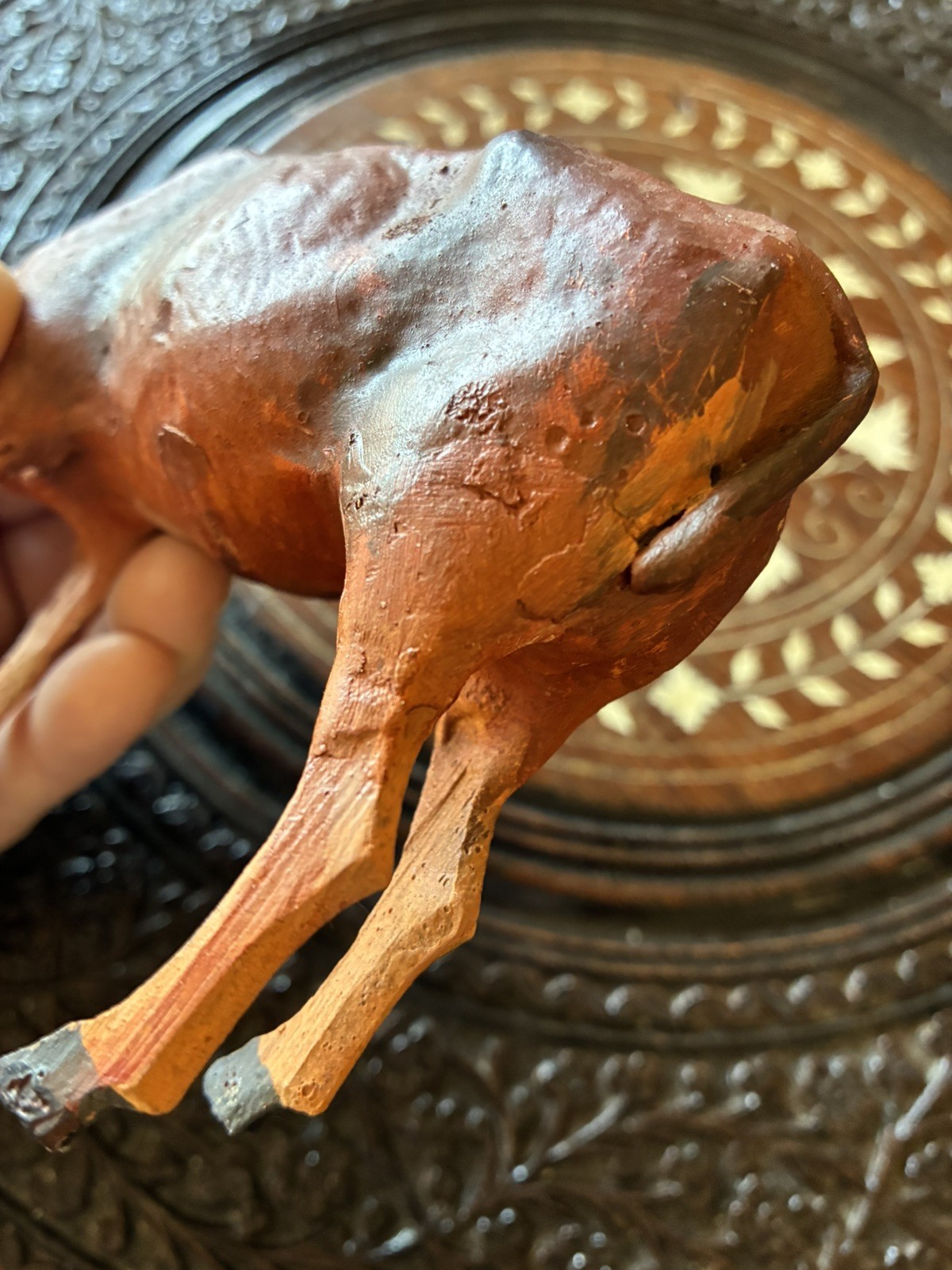 German Composition Christmas Putz Stick Leg Standing Cow Repaired 4” x 5 3/4”