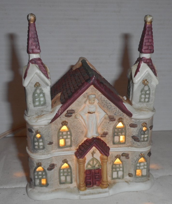 Miniature Christmas Porcelain Lighted Church 4-3/4″ W x 5-1/4″ High x 3-1/2″Deep