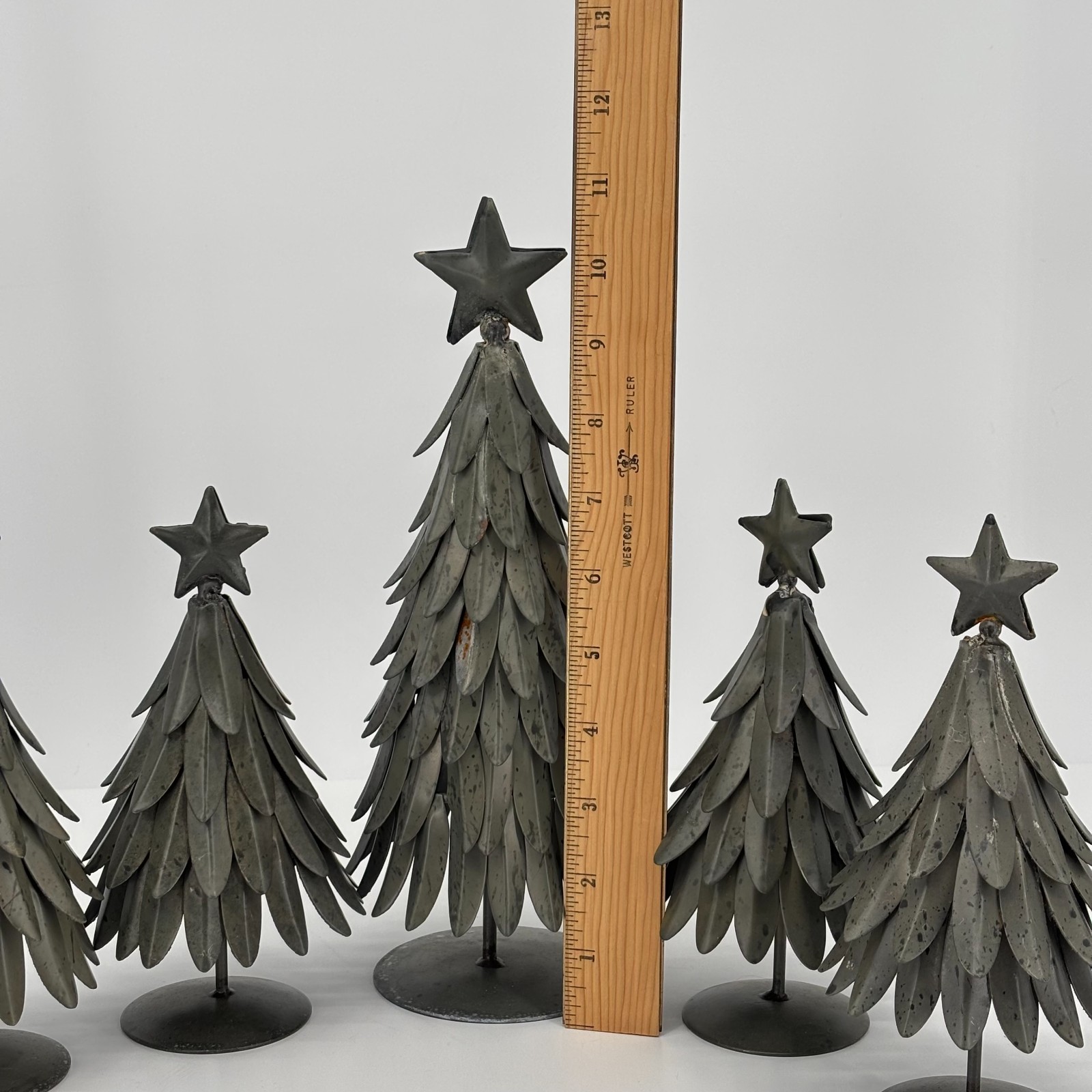Set of 5 POTTERY BARN Galvanized Village Star Topped Trees Small & Large VTG