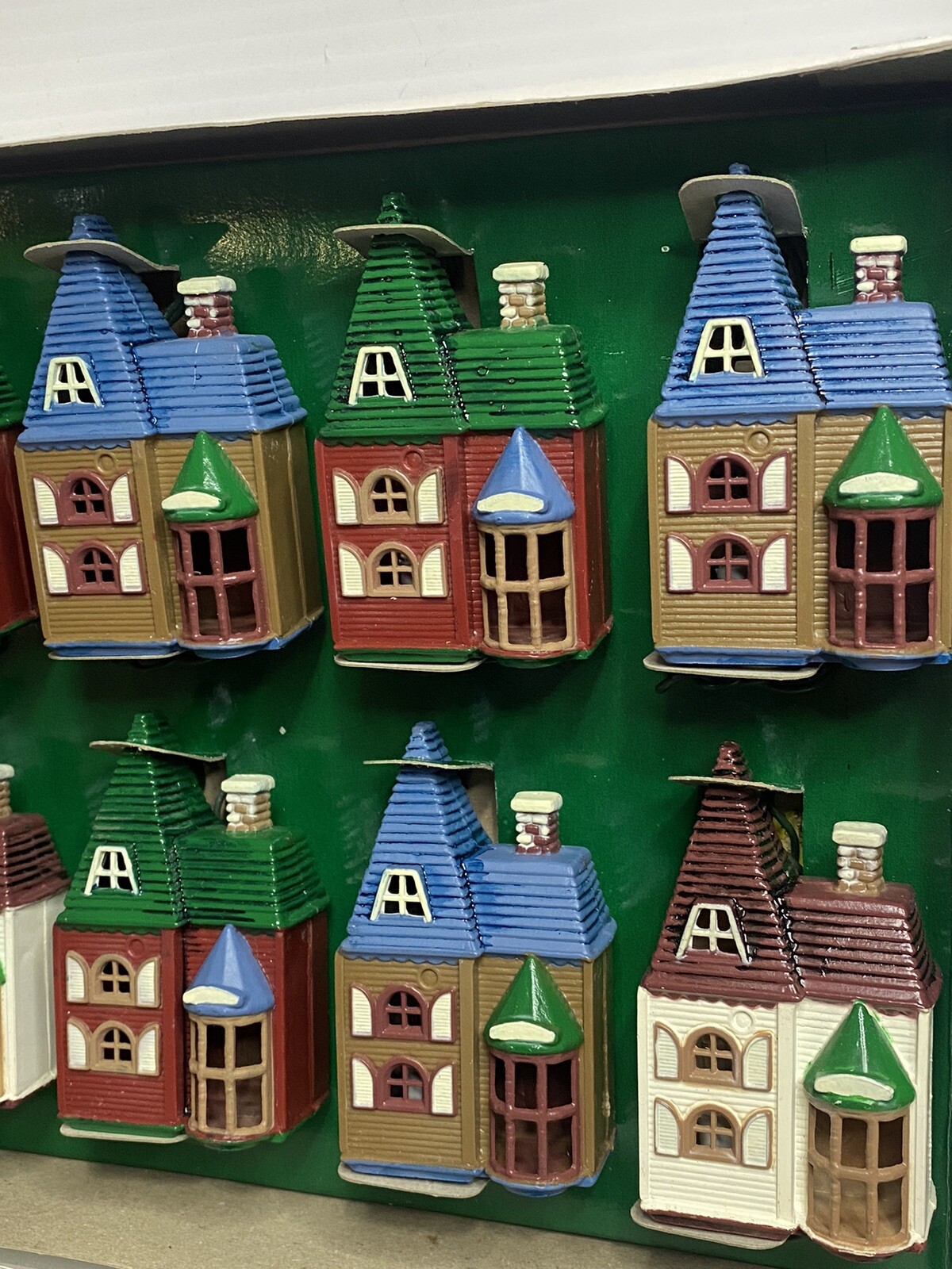 Vintage Victorian Houses Cottages String Lights Christmas Village Hard Plastic