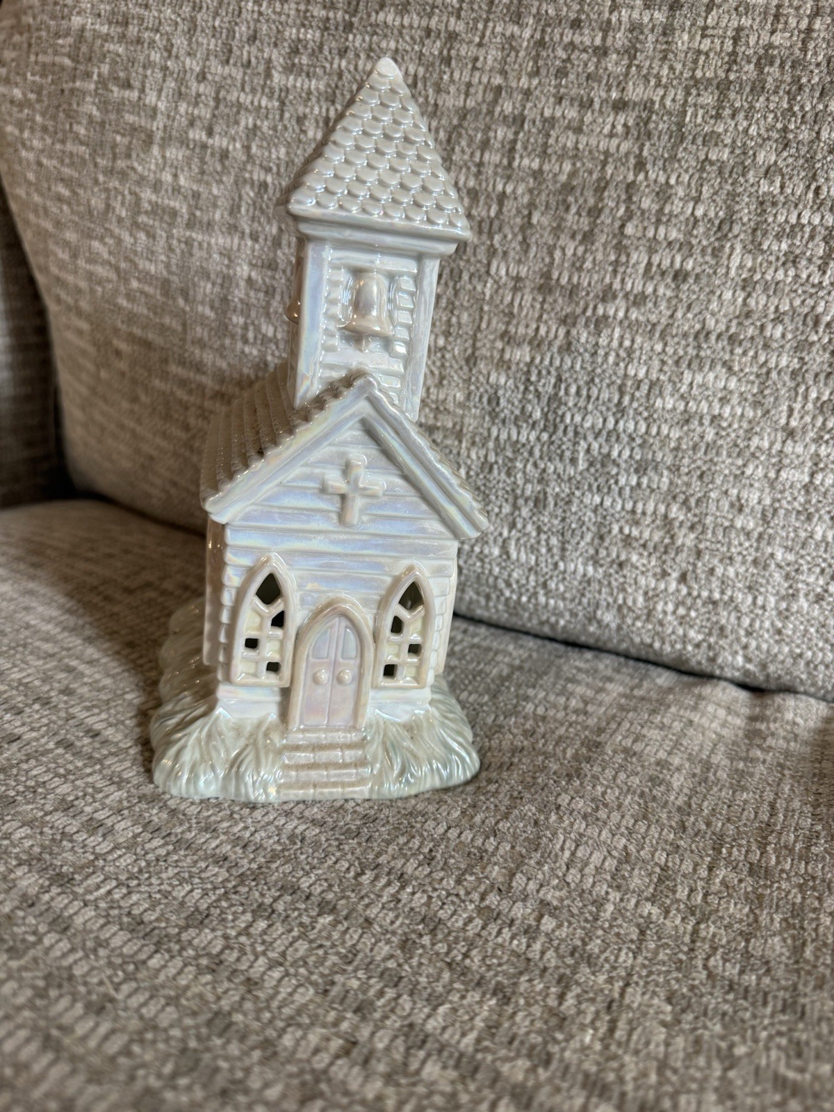 Church White Iridescent Glaze Open Windows Top Bell (light Can Be Inserted) 8”T