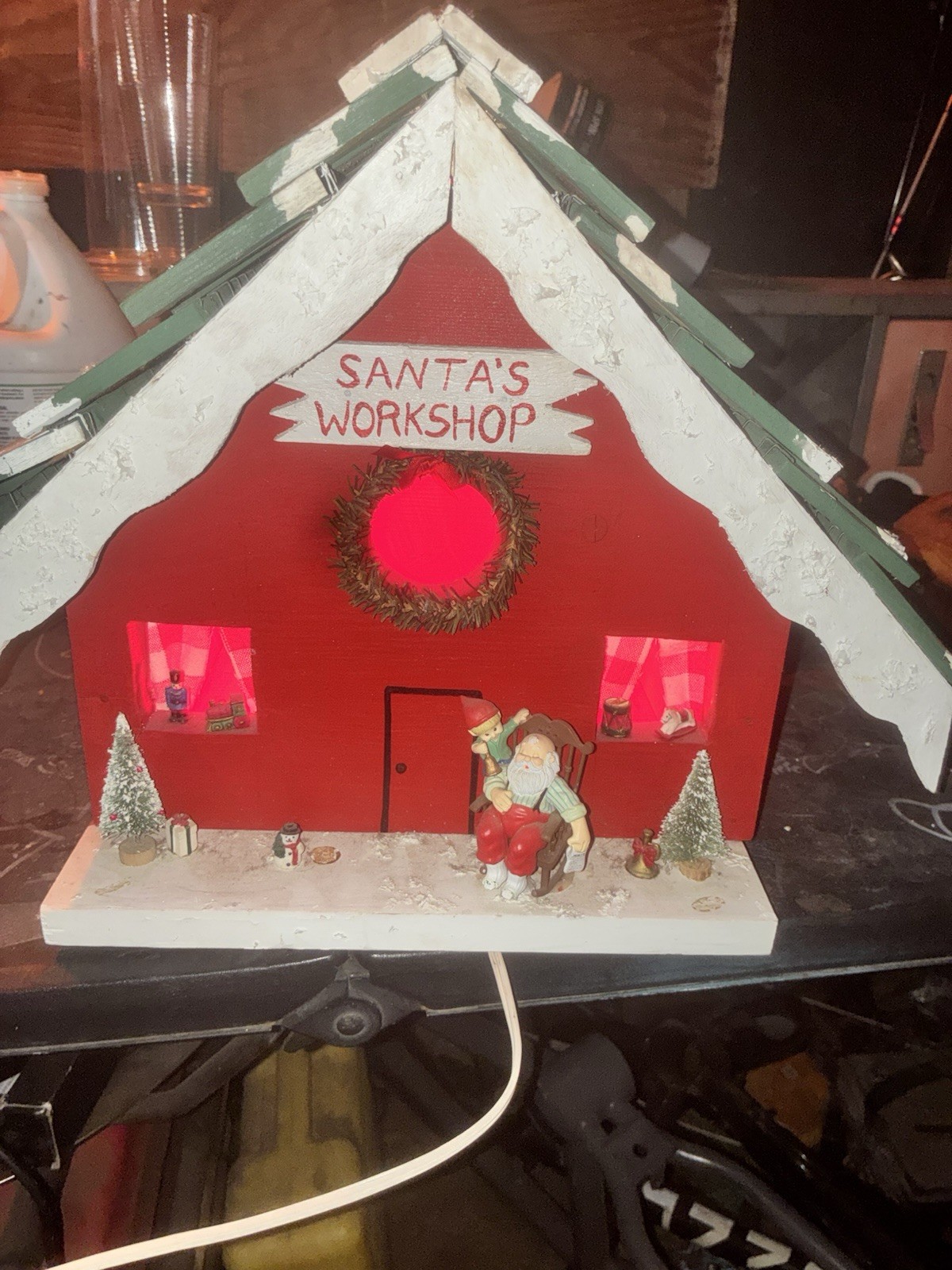 Lighted Santa’s Workshop Christmas Village House Wood Decor, Red/White/Green