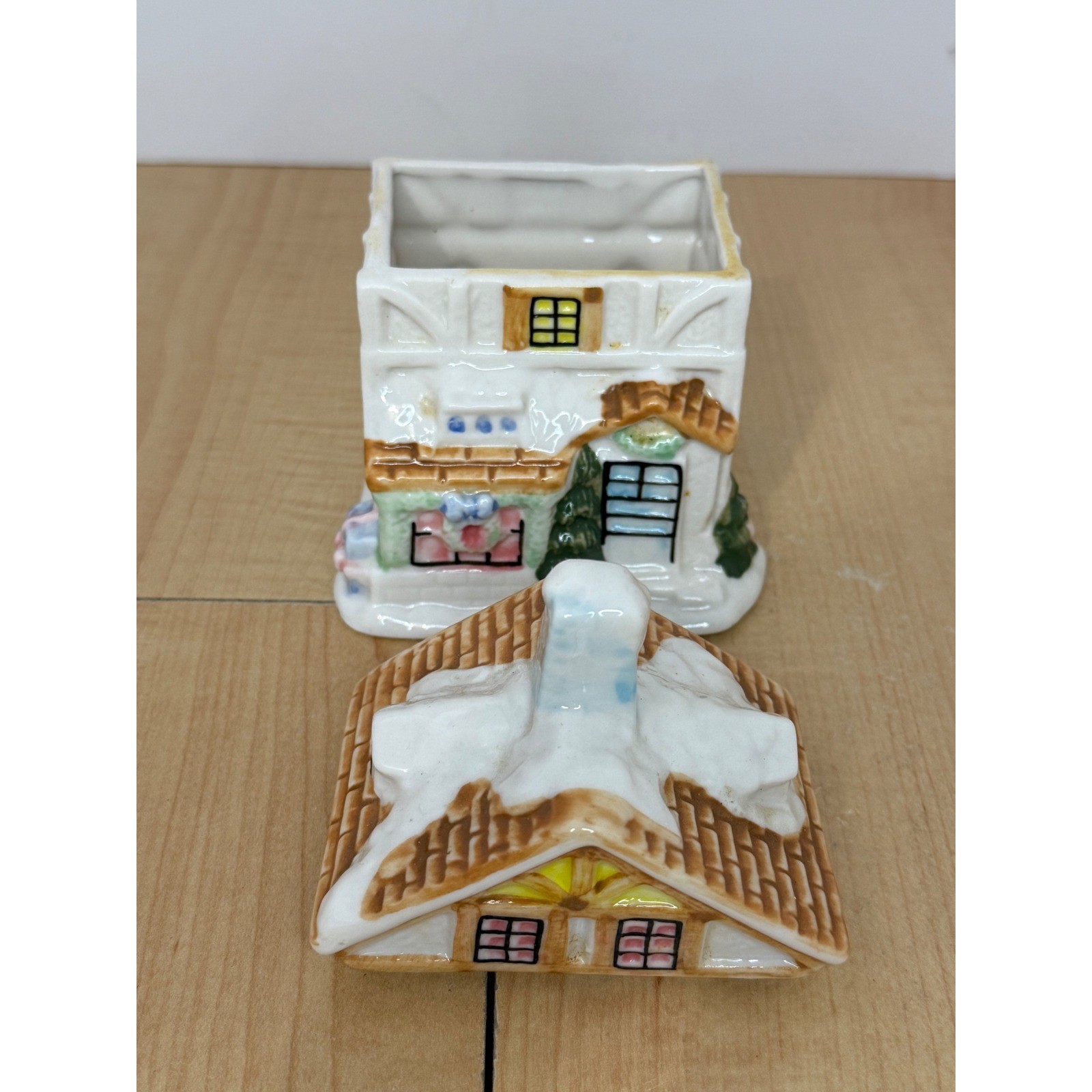 Vintage Ceramic Christmas House Trinket Box Snowy Winter Village Cottage Decor