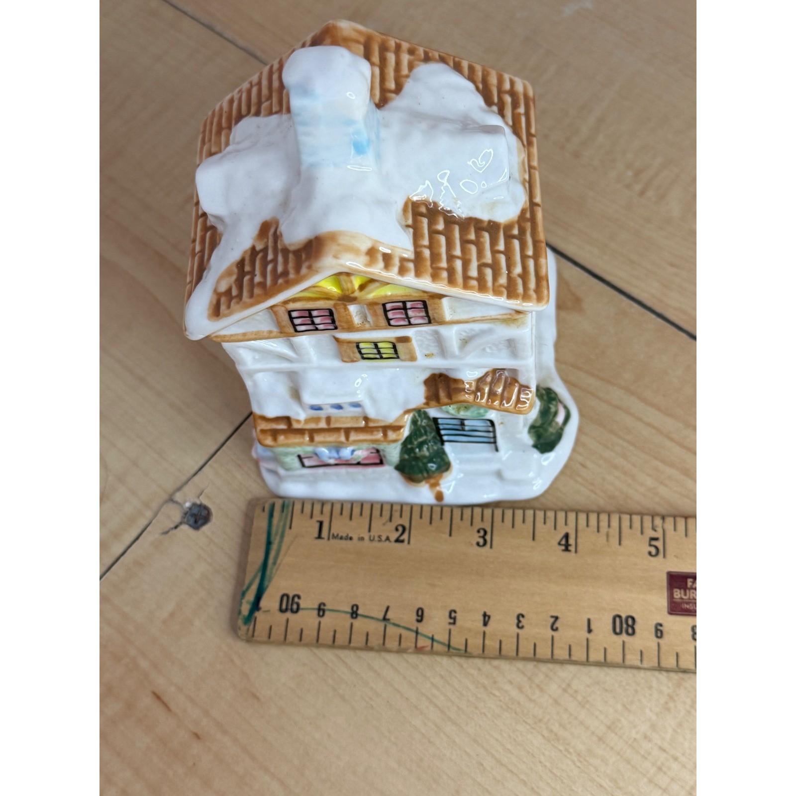 Vintage Ceramic Christmas House Trinket Box Snowy Winter Village Cottage Decor