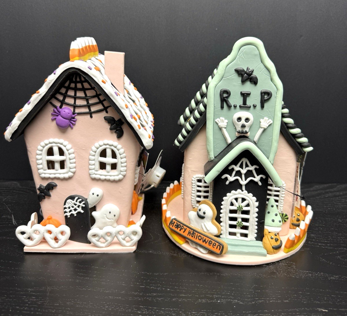 SET of 2 LED Pink-Green Candy Corn Halloween Gingerbread Houses 8″ Clay Dough