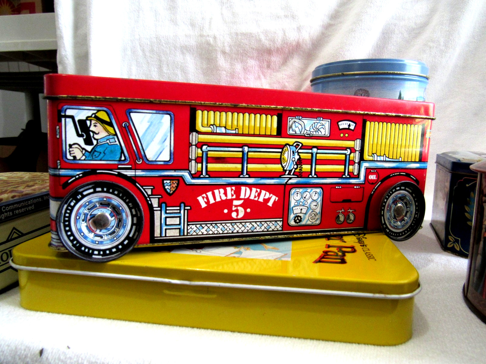 7 Advertising Tins Lot -Snow White,Texaco, M&M, Peter Pan,Fire Dept, Good House+