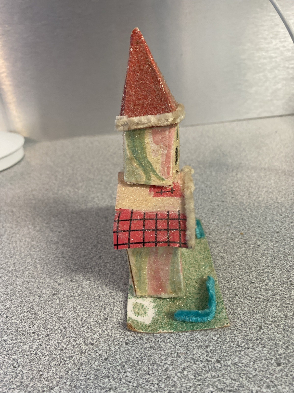 Nice Putz House + 5.5” Tall Glitter Church w/Pipe Cleaner Trim – Needs Some TLC