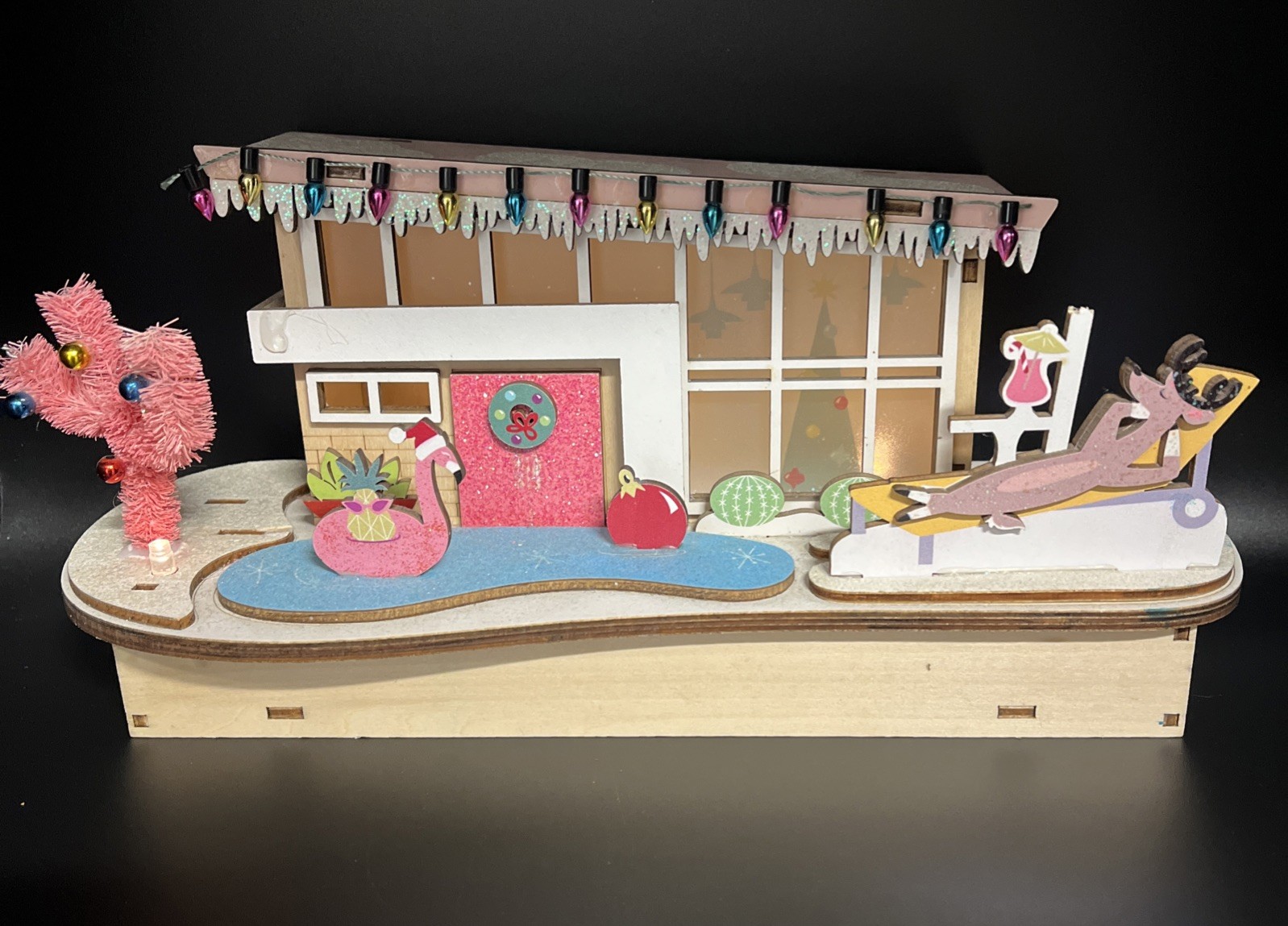 World Market 2022 Lighted MCM Wood Cut Christmas House Flamingo Pool Cactus NTN