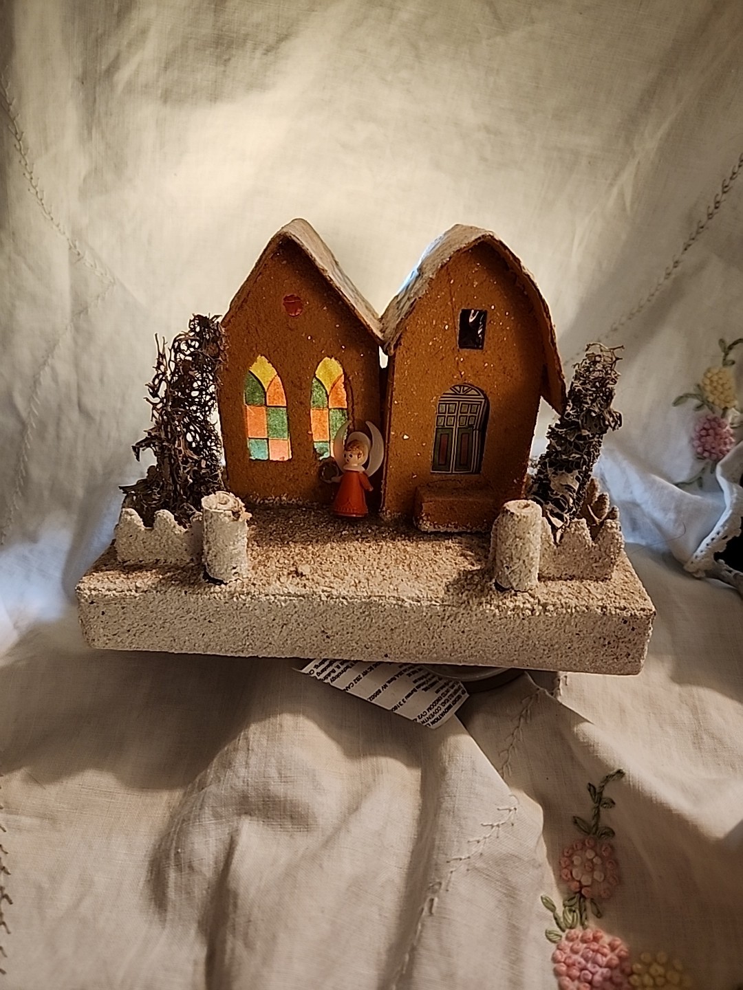 Putz Peach/Orange Christmas House Circa 1950 4inch By 4 1/2 Inch Germany