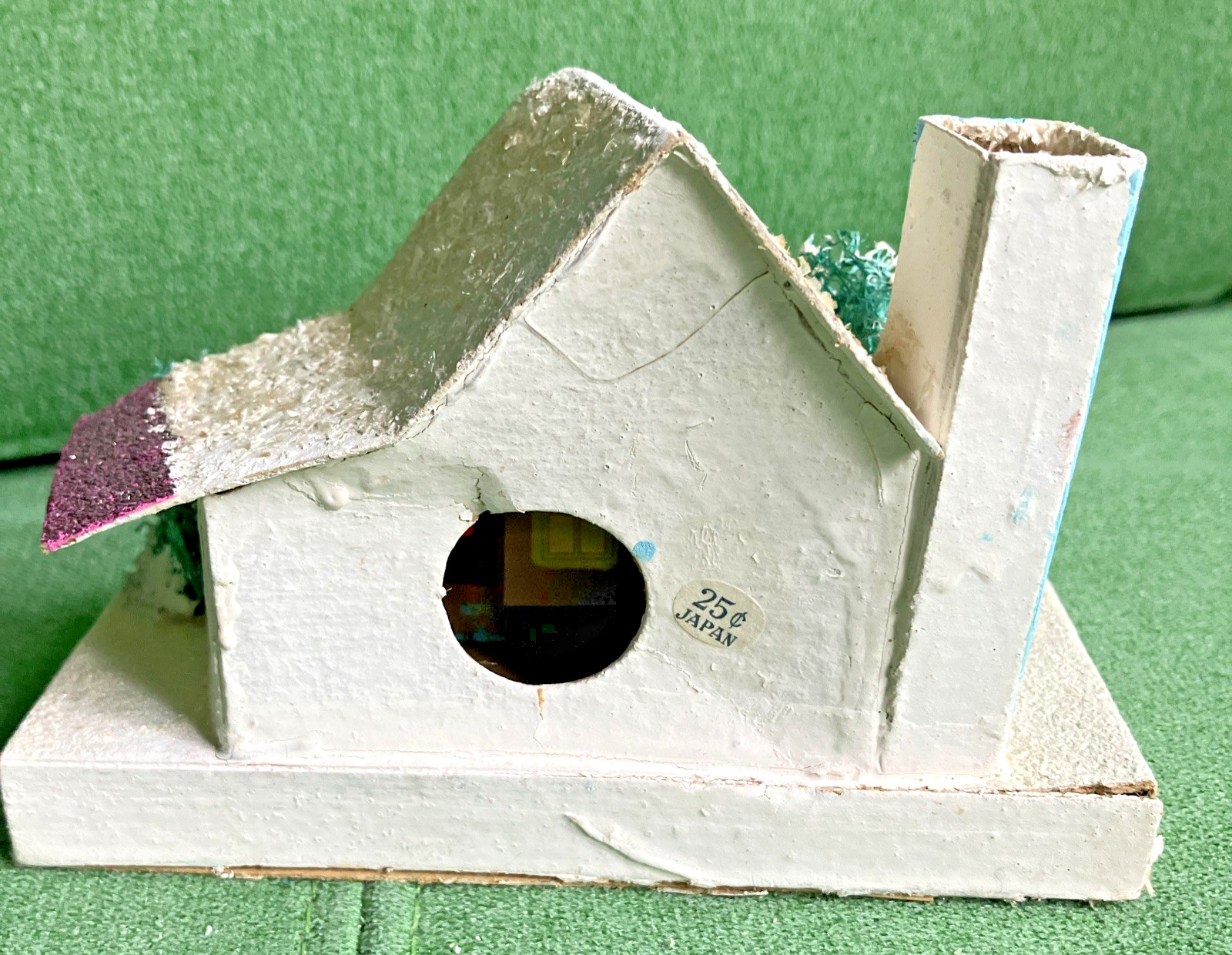 2 Sizes VTG Christmas Putz Houses, Cardboard w Mica Glitter, Windows, Trees