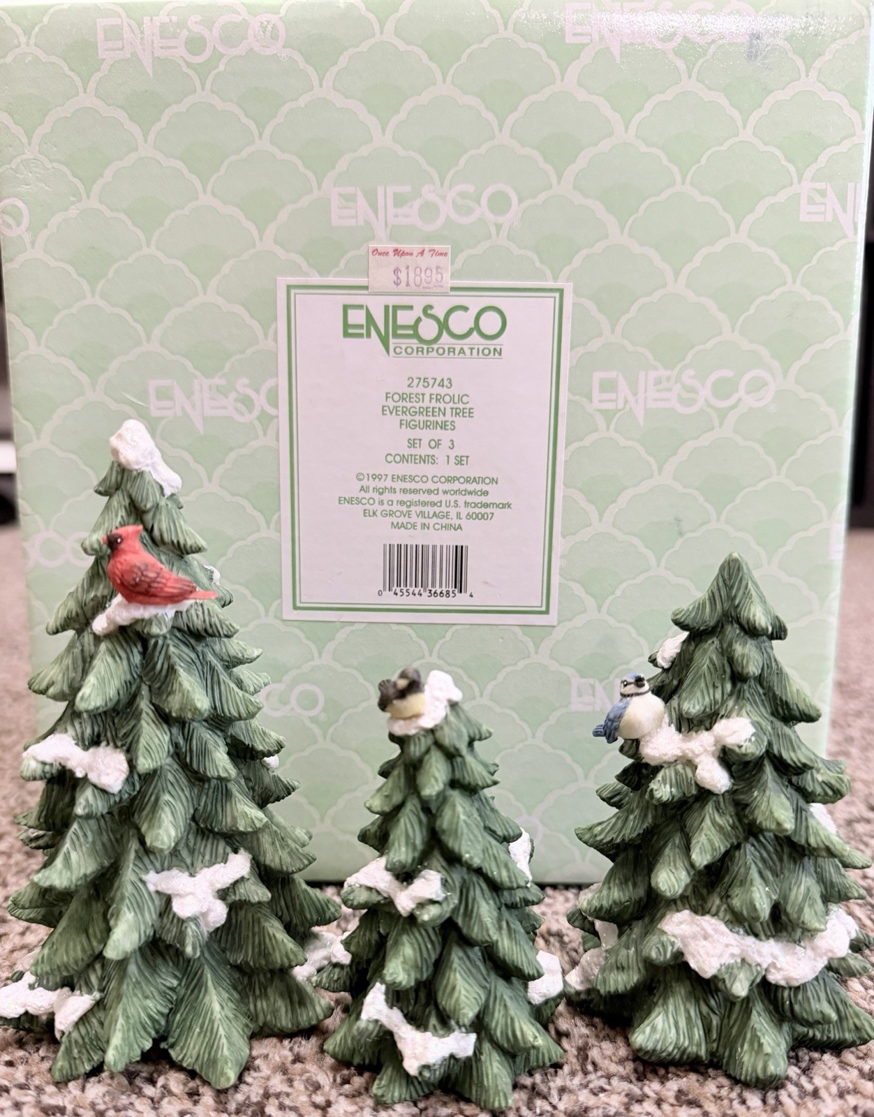 Vintage NIB Enesco 1997 “Forest Frolic Evergreen Christmas Trees” Set Of 3