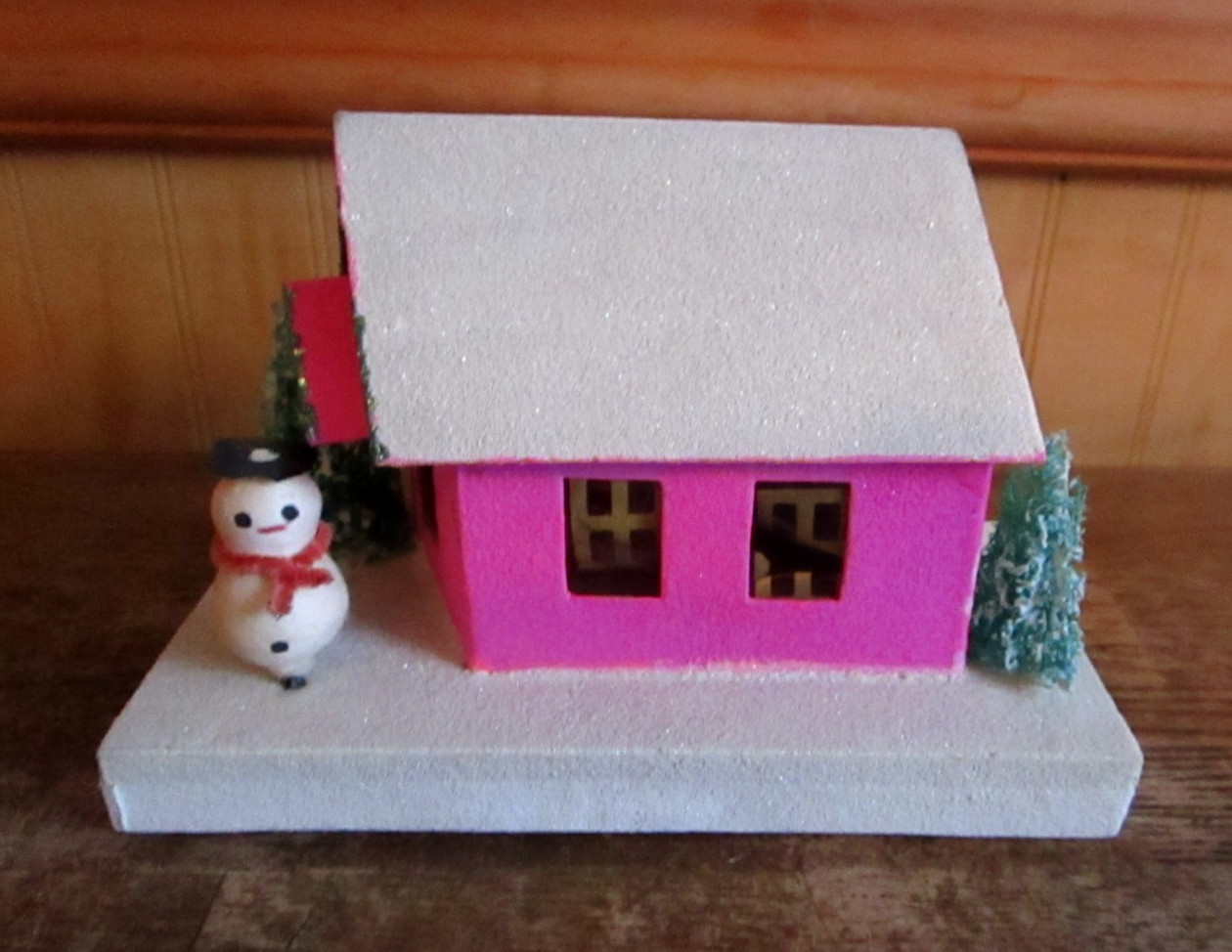 Vintage Putz House with 2 Trees & Snowman