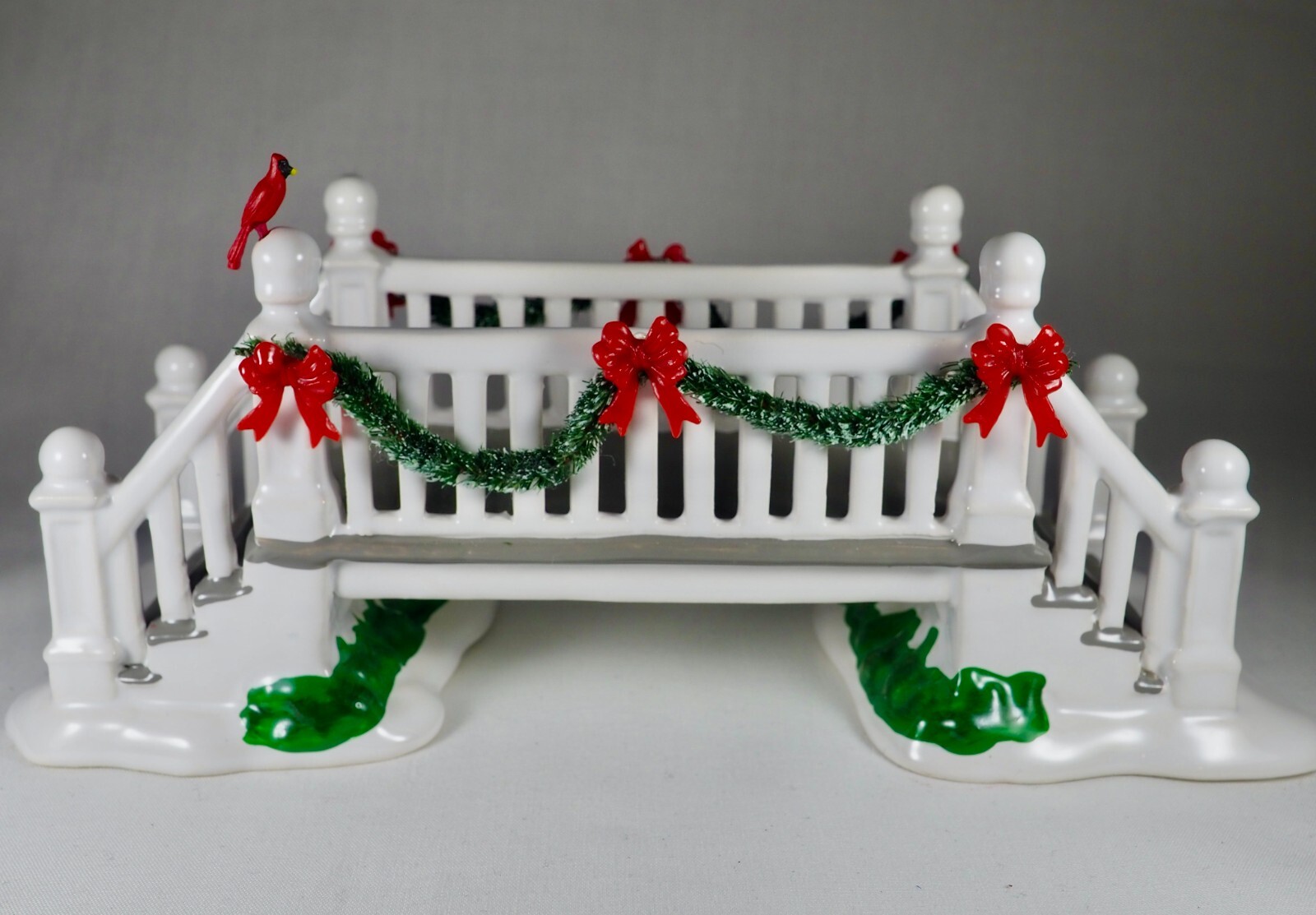 Department 56 White Christmas Bridge w/Garlandss Bows and Red Cardinal Bird