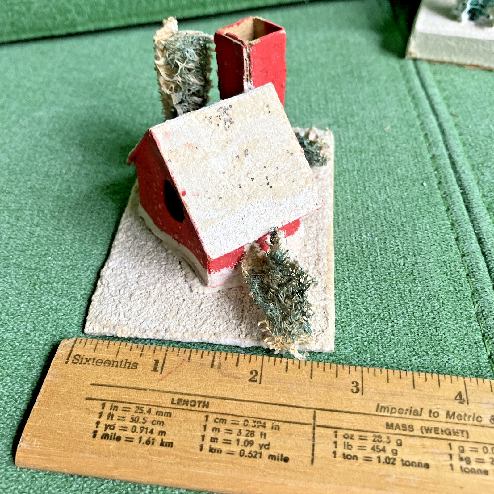 2 Sizes VTG Christmas Putz Houses, Cardboard w Mica Glitter, Windows, Trees