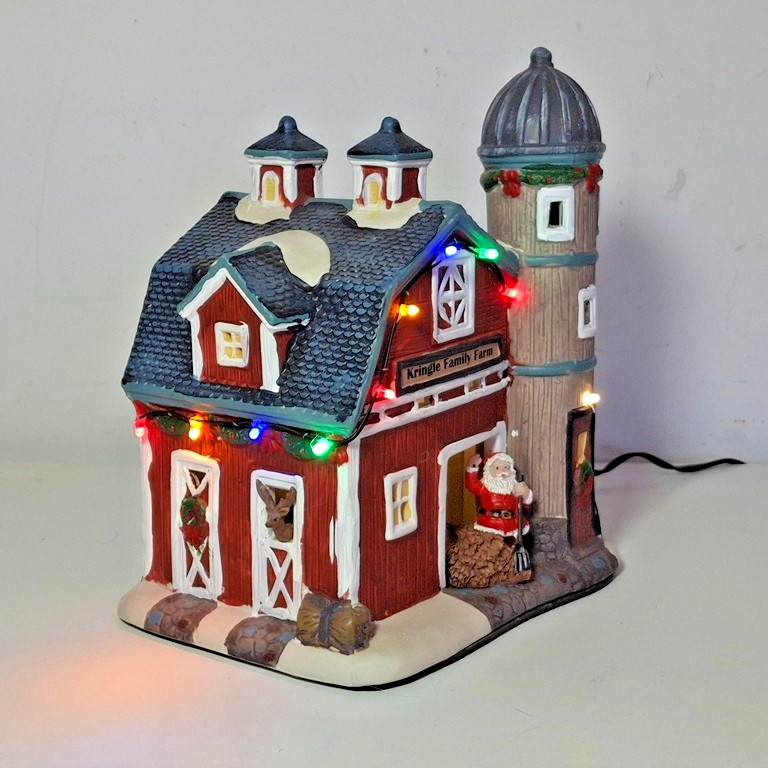 Crosslight Christmas Village Kringle Family Farm Red Barn ~ LED Lights, 8″ Tall