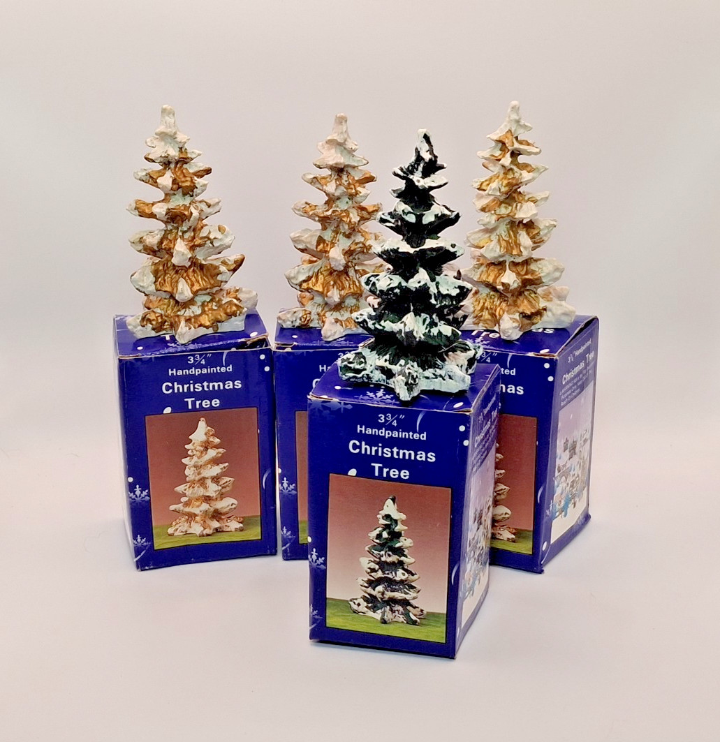 Lot of 4 Trees for Christmas Village, 3-3/4″ Tall ~ Gold, Green & White