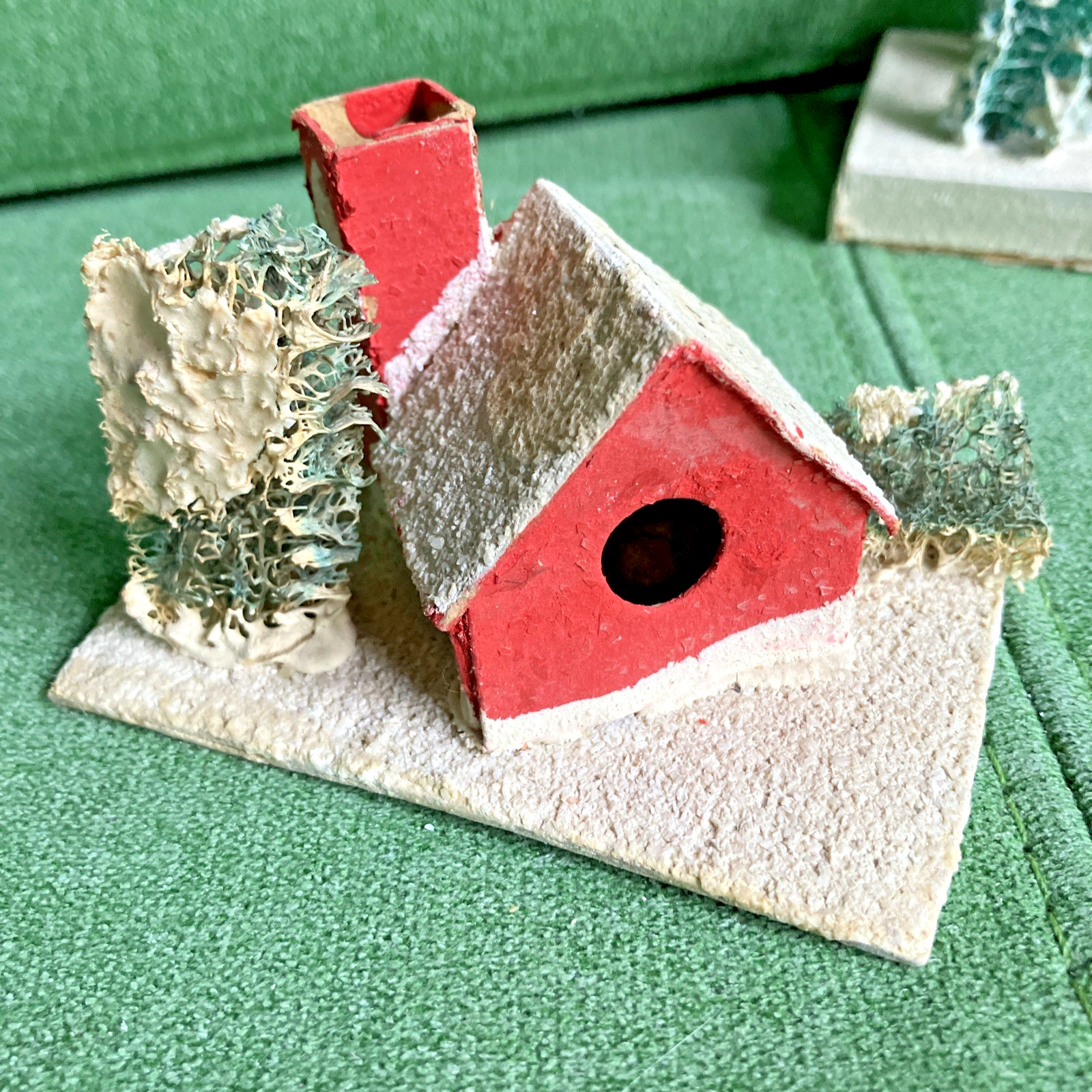 2 Sizes VTG Christmas Putz Houses, Cardboard w Mica Glitter, Windows, Trees