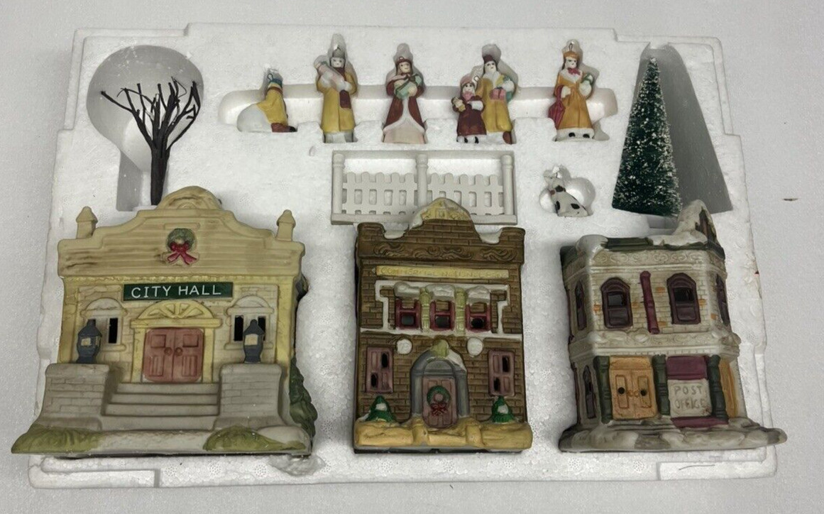 Frank’s Nursery and Crafts 12 Piece Set Porcelain Christmas Village Blue Box