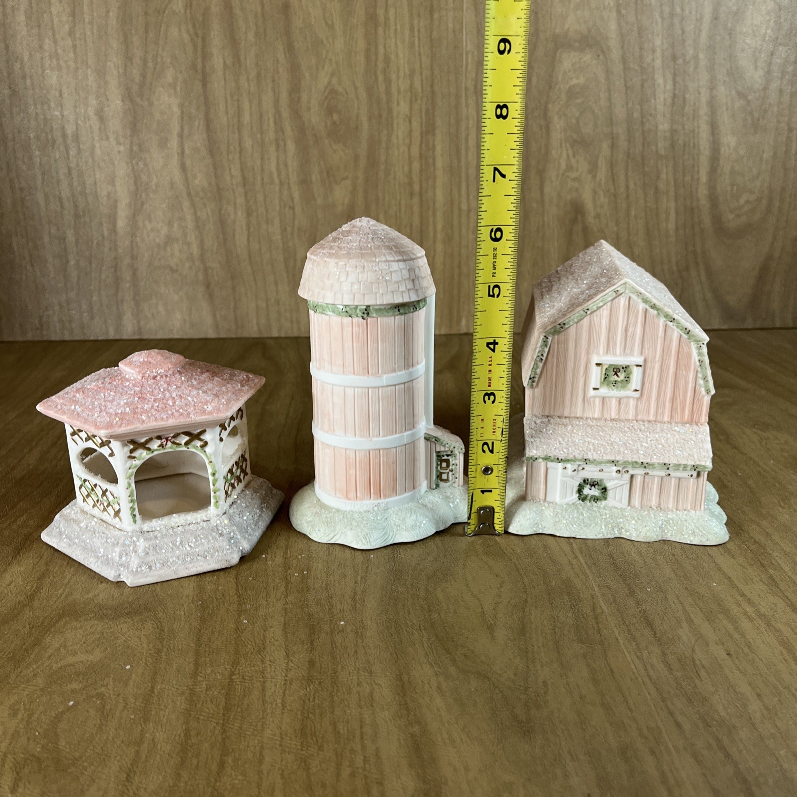 Hand Painted Ceramic Barn Silo Gazebo Christmas Village Glitter Snow Decor