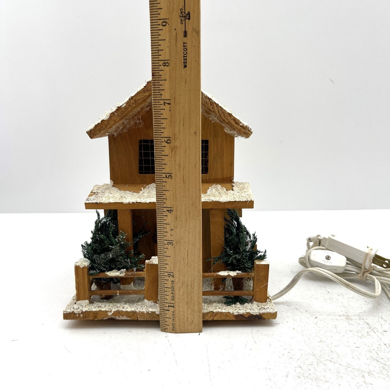 Frosty Wooden Village House Christmas Lamp with Red Lighting Winter Decor