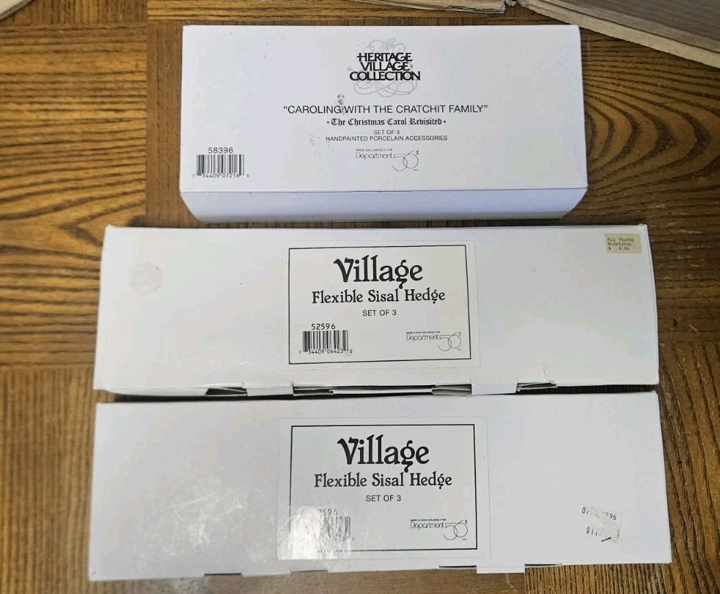 Department 56 Village Telephone Poles Sisal Hedges Porcelain Carolers With Boxes