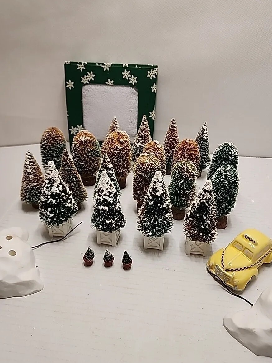 Dept. 56 Village Accessories, 20 Landscape Trees, Taxi 1987, Snow Crystals, Rock