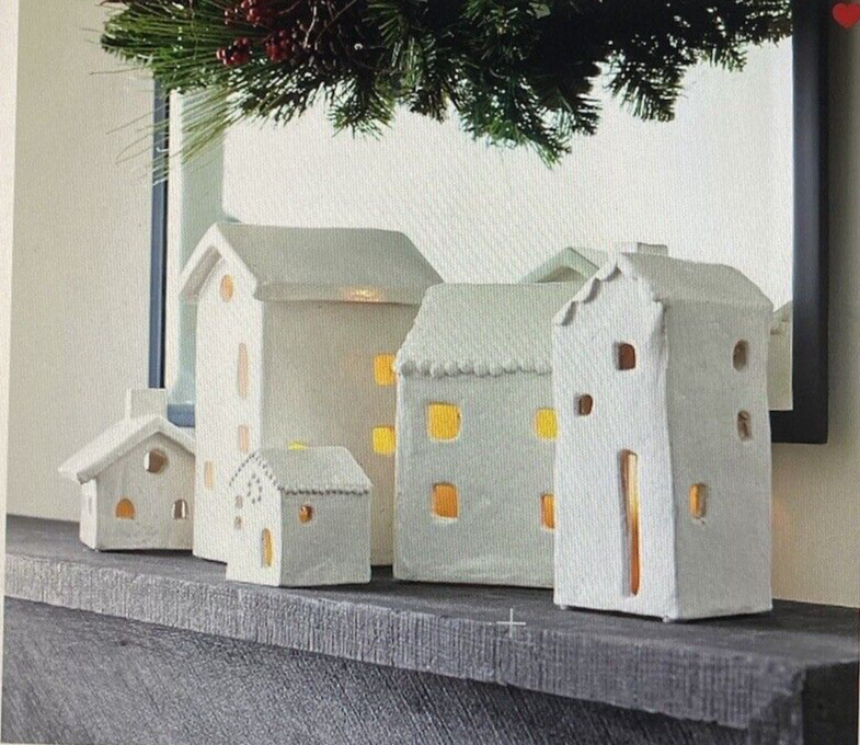 Pottery Barn Handcrafted Ceramic Christmas Village Houses Set 5 White NIBs