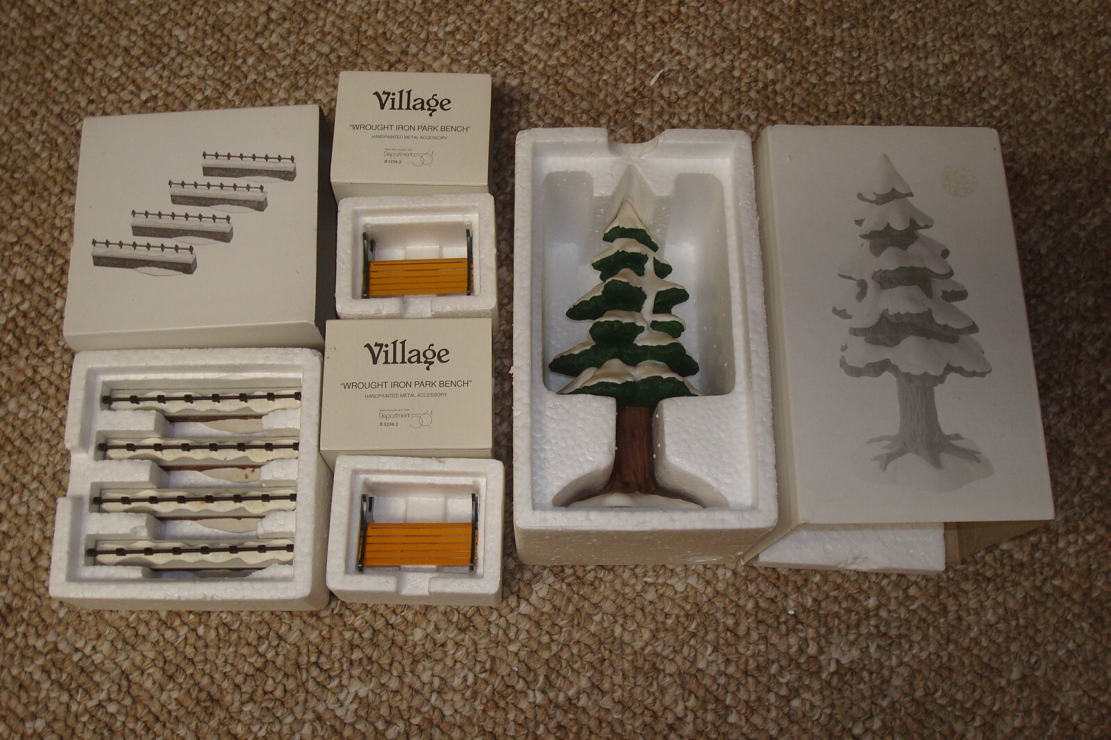 Dept. 56 Heritage Village Collection Porcelain Pine Tree, Fence, 2 Park Benches