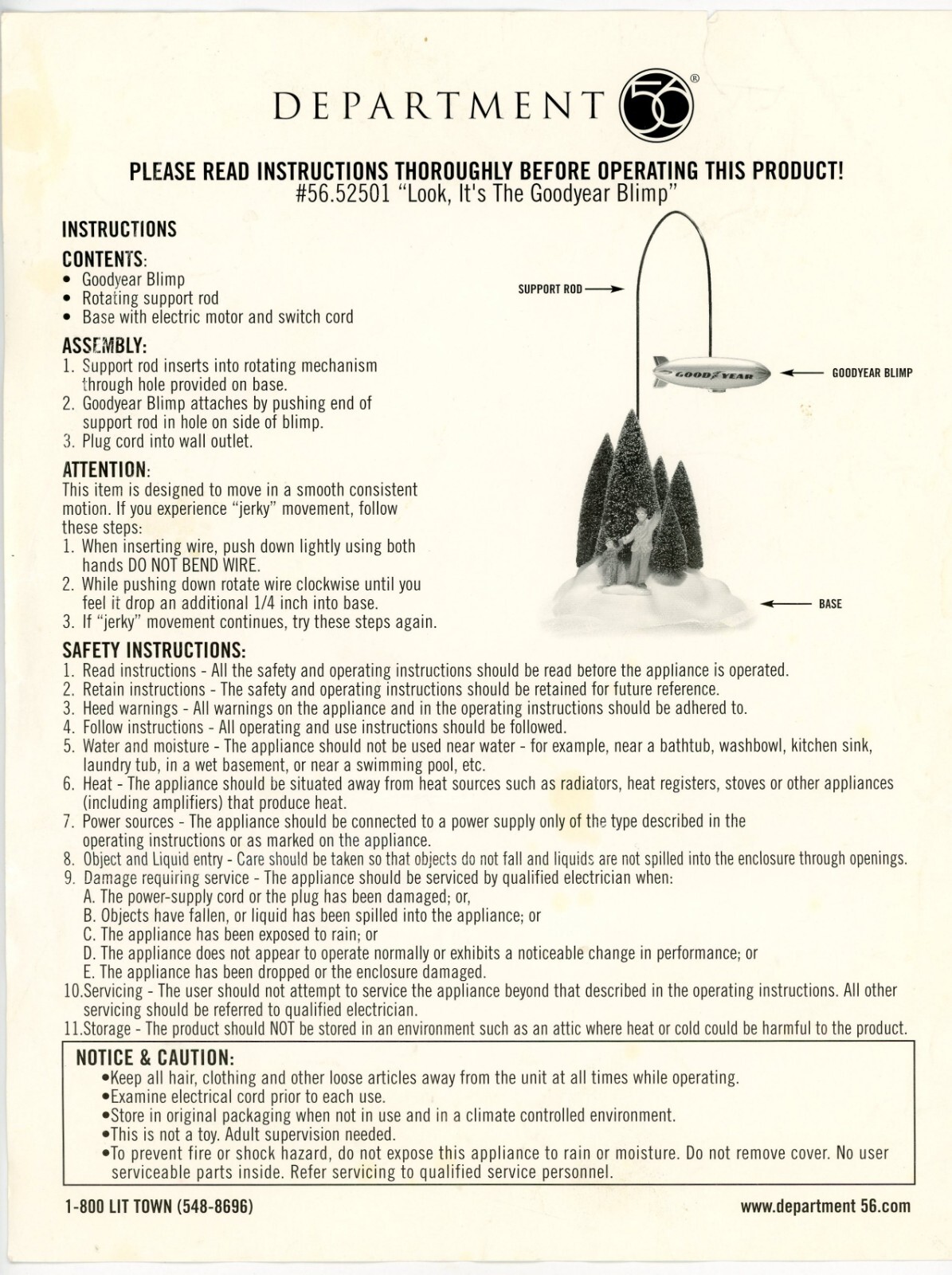 Dept 56 Snow Village “Look it’s the Goodyear Blimp” #52501 Instructions Sheet