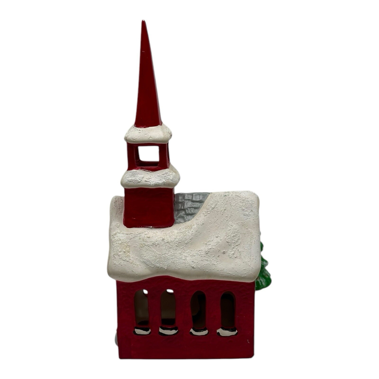 Vintage Handmade Ceramic Snowy Red Church Holiday Village 9” Tall