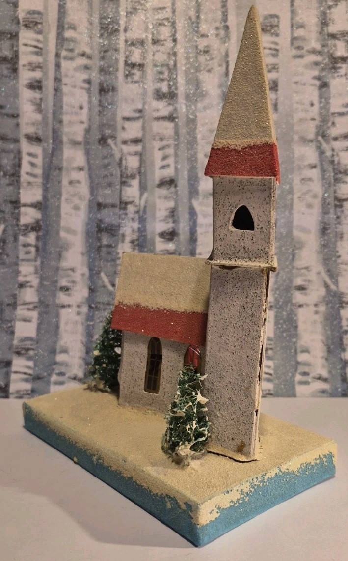 Vintage Putz ChurchHouse Christmas Cardboard Tree Glitter House READ