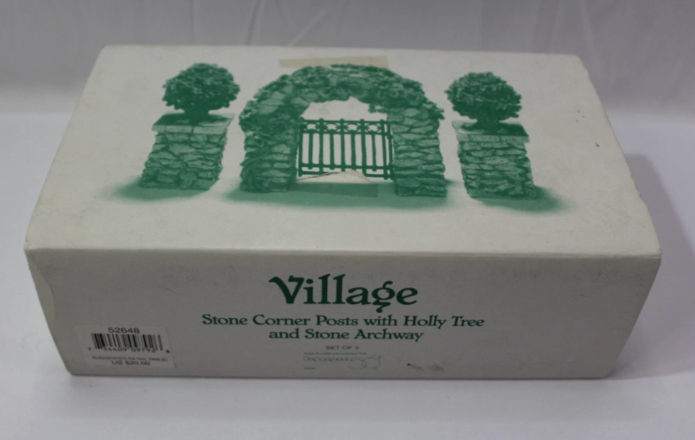 NEW Department 56 Village Stone Corner Posts Holly Trees & Archway Swing Gate