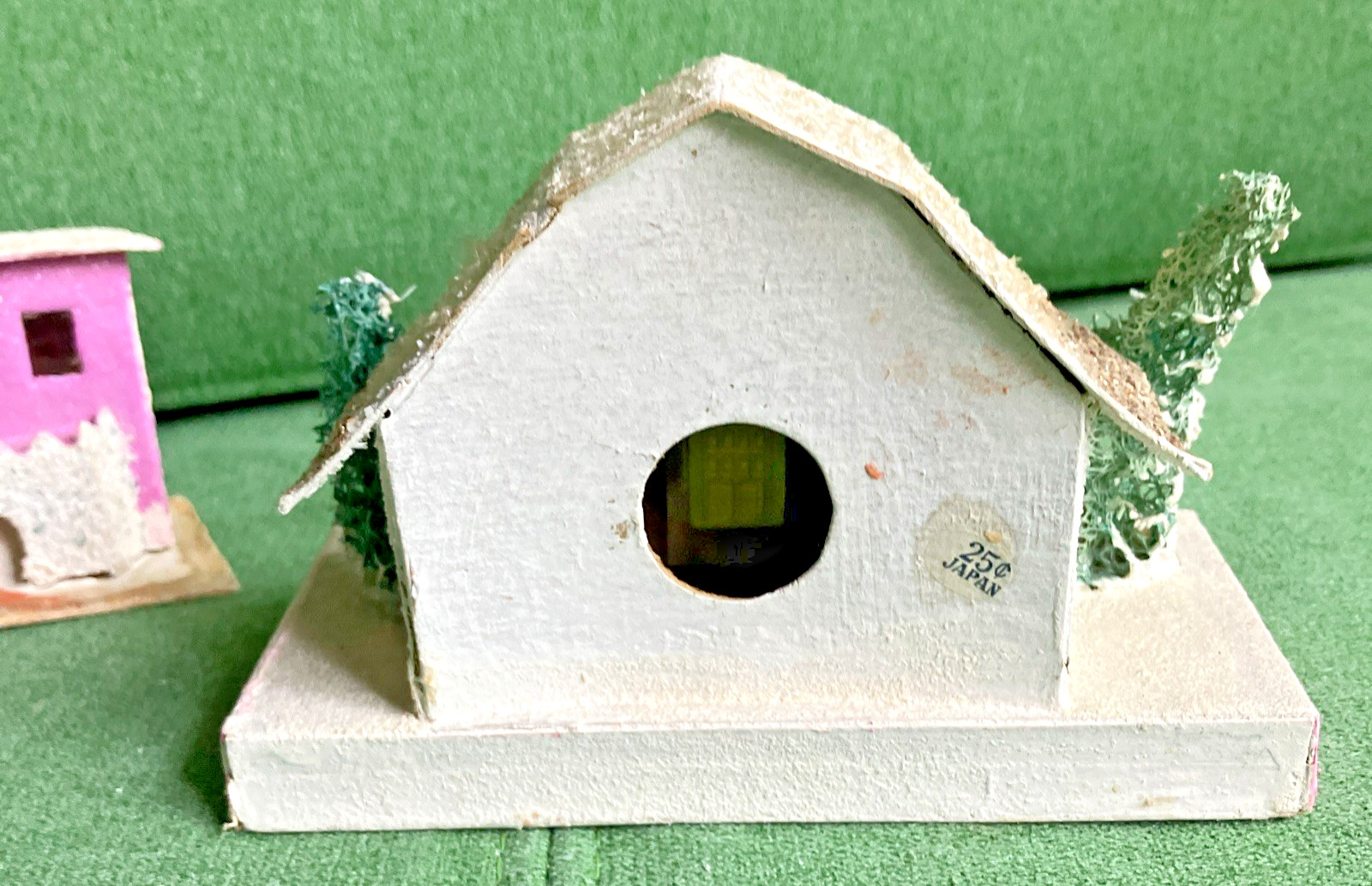2 VTG Christmas Putz Houses, Cardboard w Mica Glitter, Windows, Trees