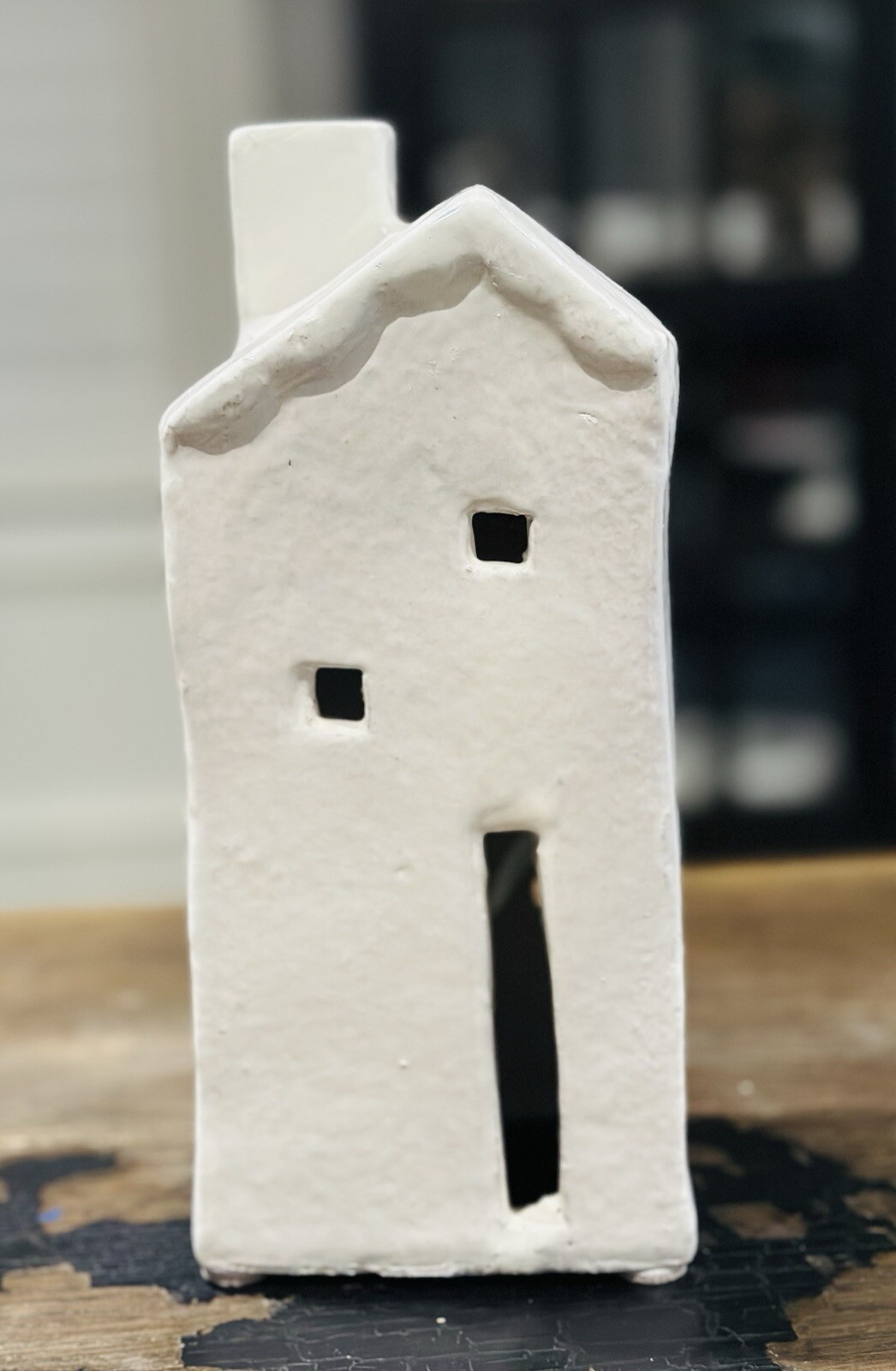 Pottery Barn TALL CERAMIC CHRISTMAS VILLAGE HOUSE White RED CLAY Holiday Decor