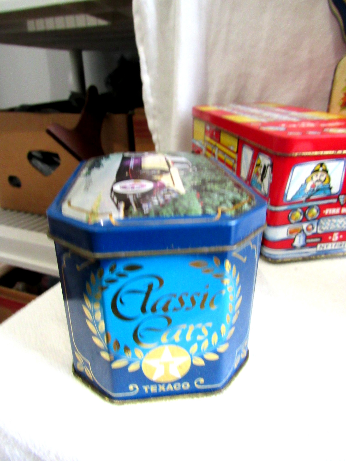 7 Advertising Tins Lot -Snow White,Texaco, M&M, Peter Pan,Fire Dept, Good House+
