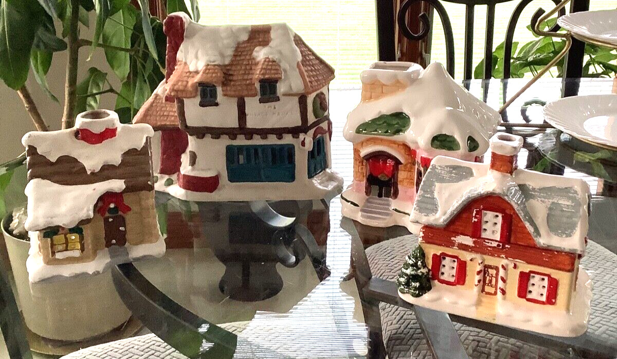 Vintage Christmas Village 5Pc Lot Porcelain Ceramic Cabin House Taiwan Thailand