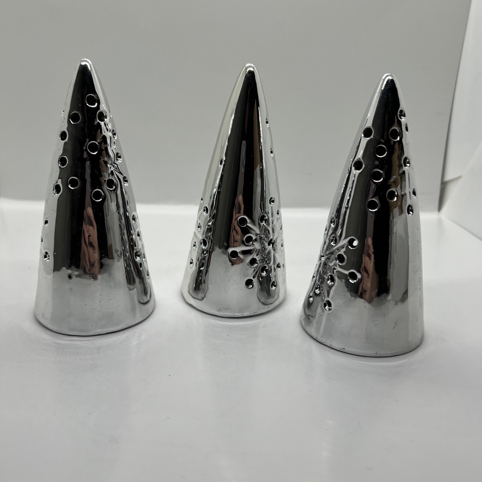 3 Christmas Tree Luminaries Cone Shaped LED Silver Ceramic/Porcelain? 2.5×5” SEE