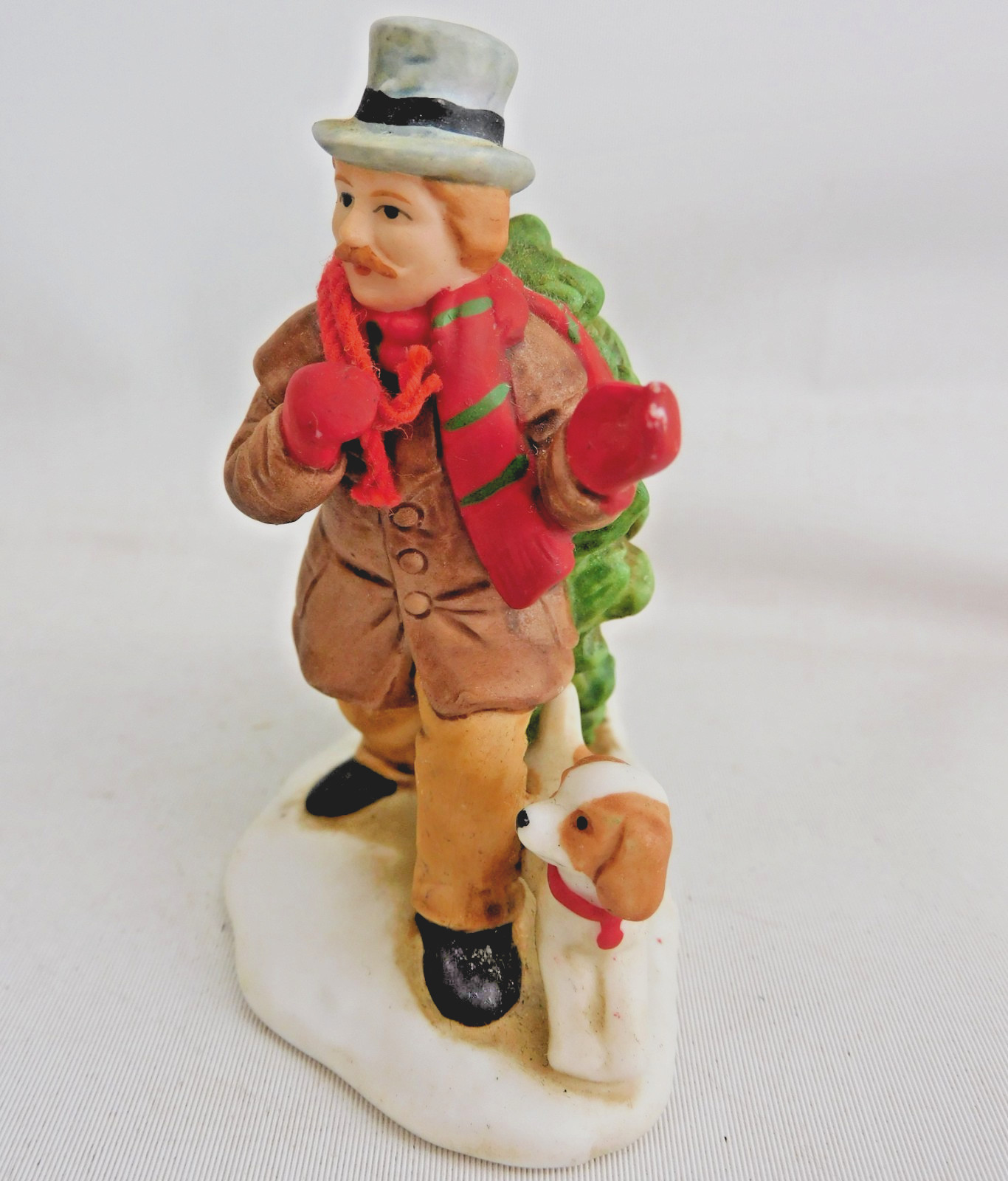 Man with Christmas Tree and Dog Lefton Colonial Village Porcelain 1989 2-5/8″H