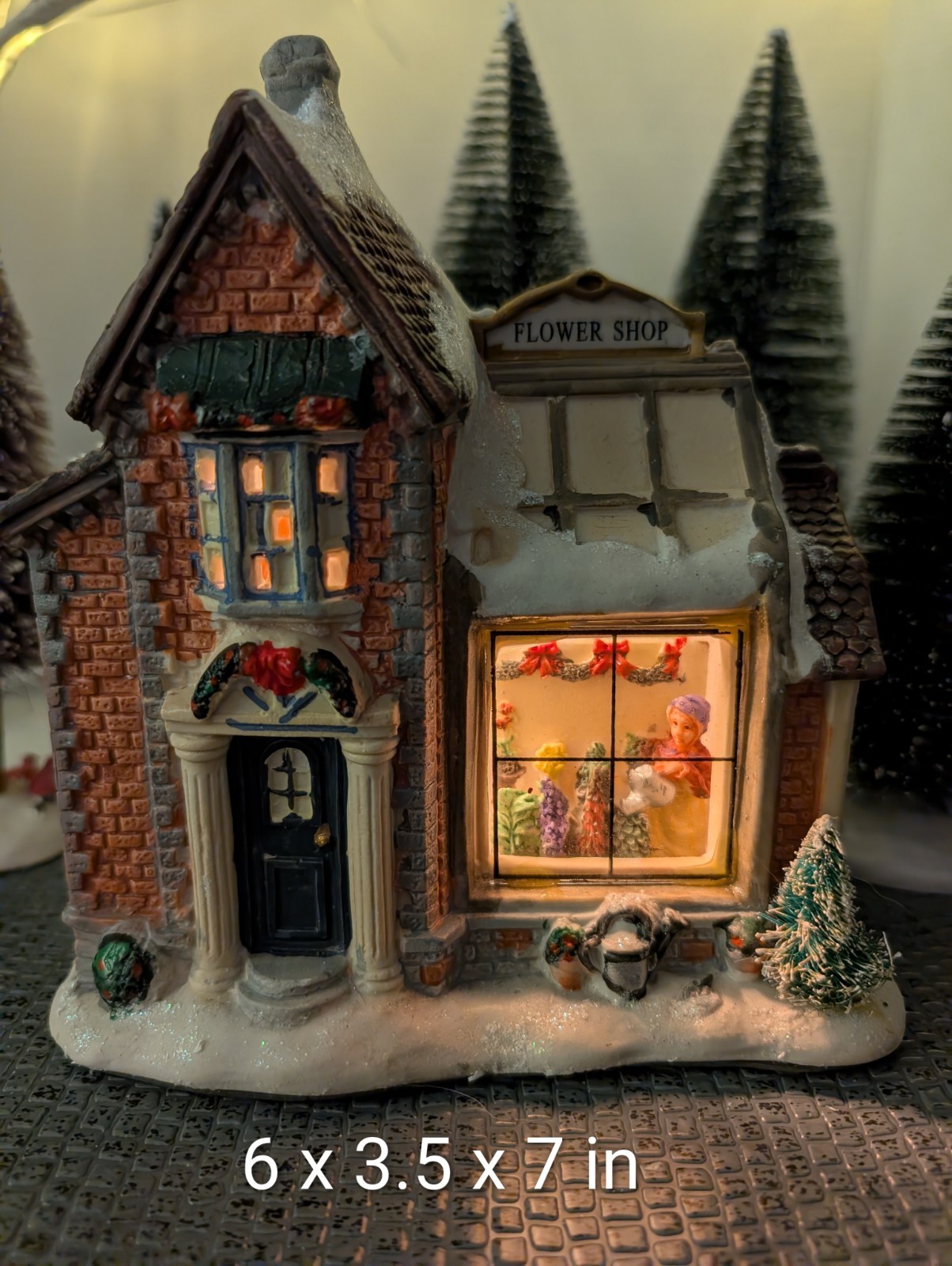 Christmas Village Flower Shop Look Thru Window Lighted House Electric Ceramic