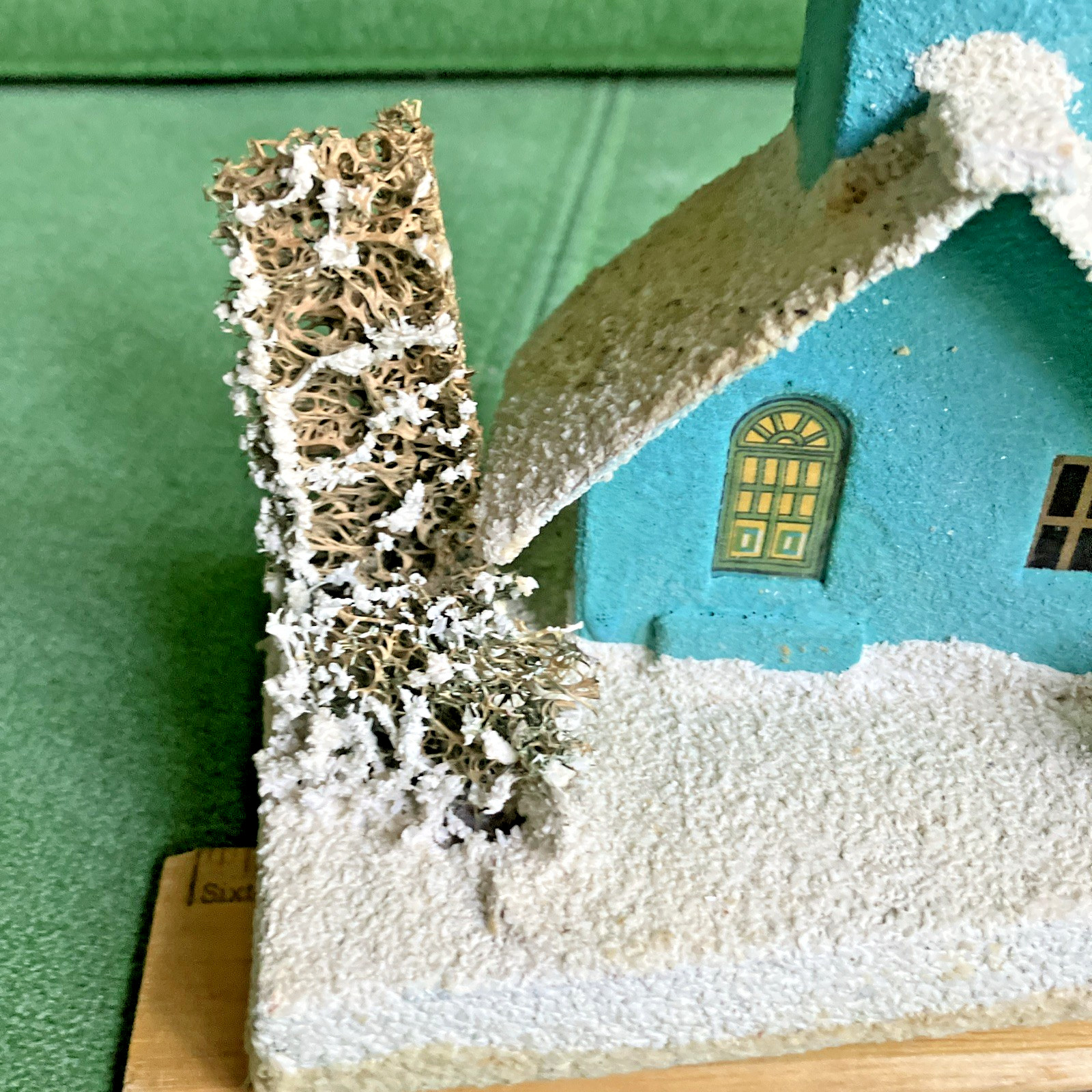 3 Vtg Christmas Putz Houses Cardboard w Mica Glitter, Windows, Trees