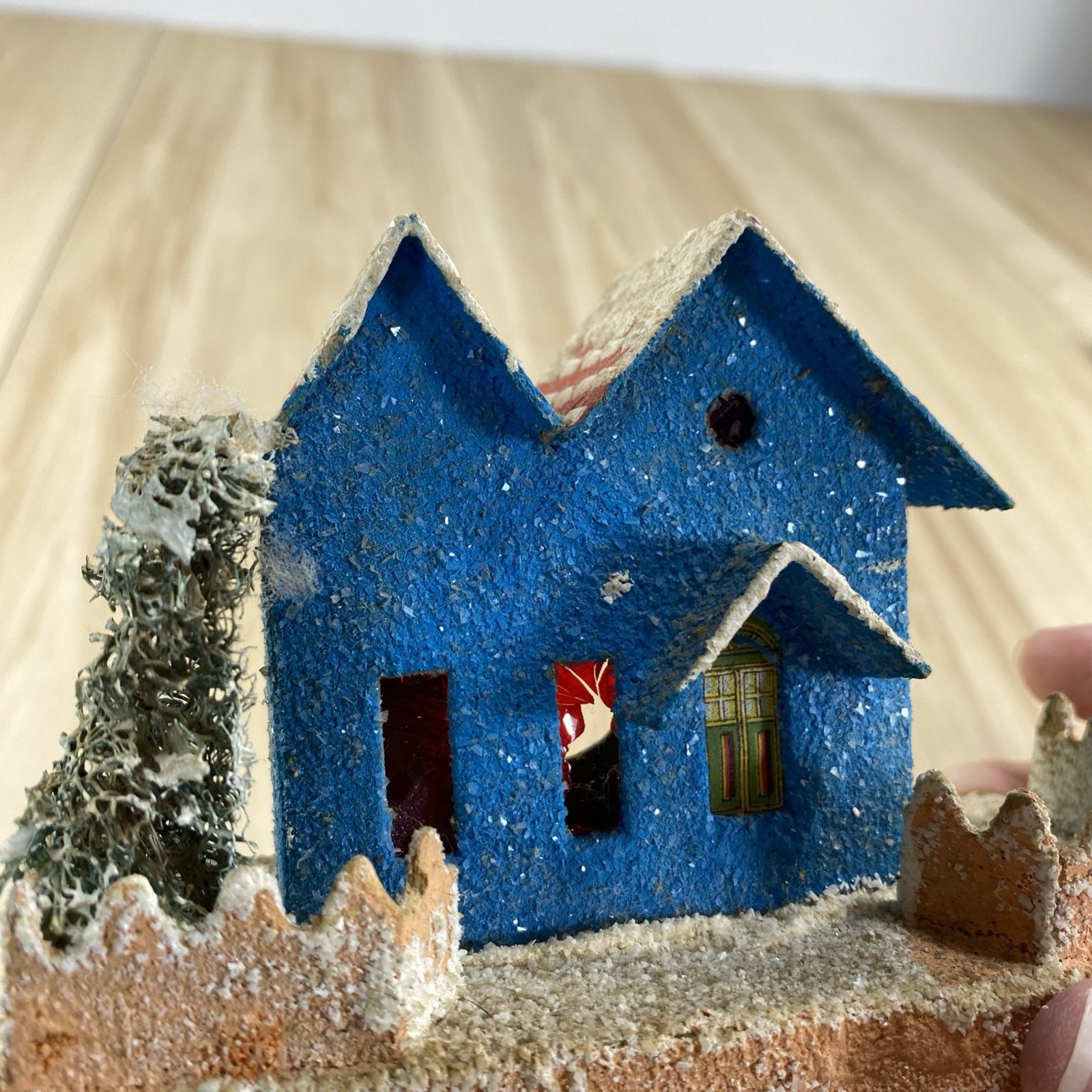 Vintage Putz Christmas Village Blue House Japan Coconut Mica Glitter Fence