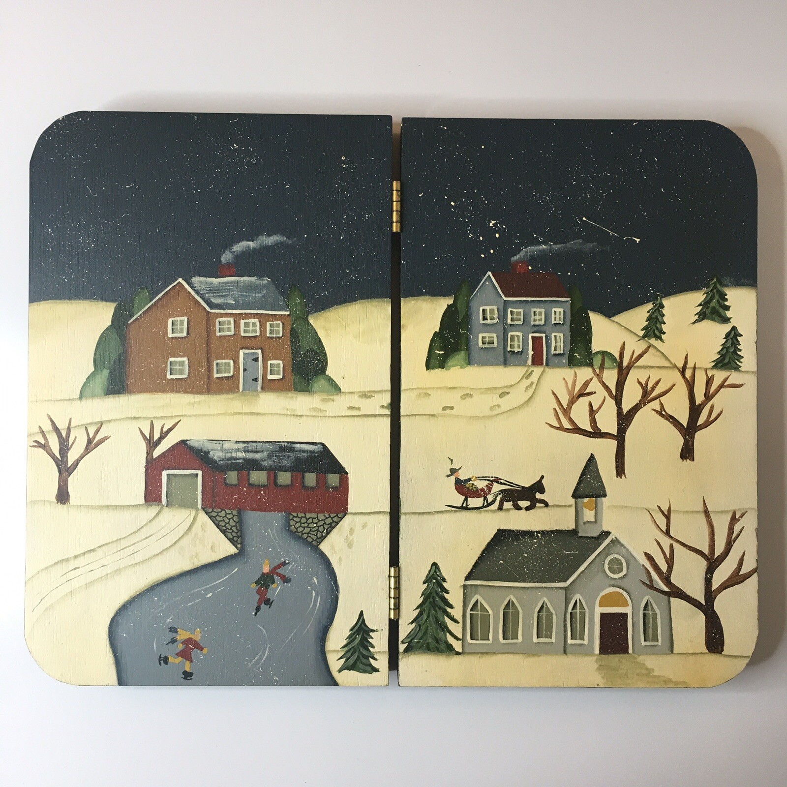 Hand Painted Wood Folding Winter Snow Country Scene Hinged Book Art Ice Skaters