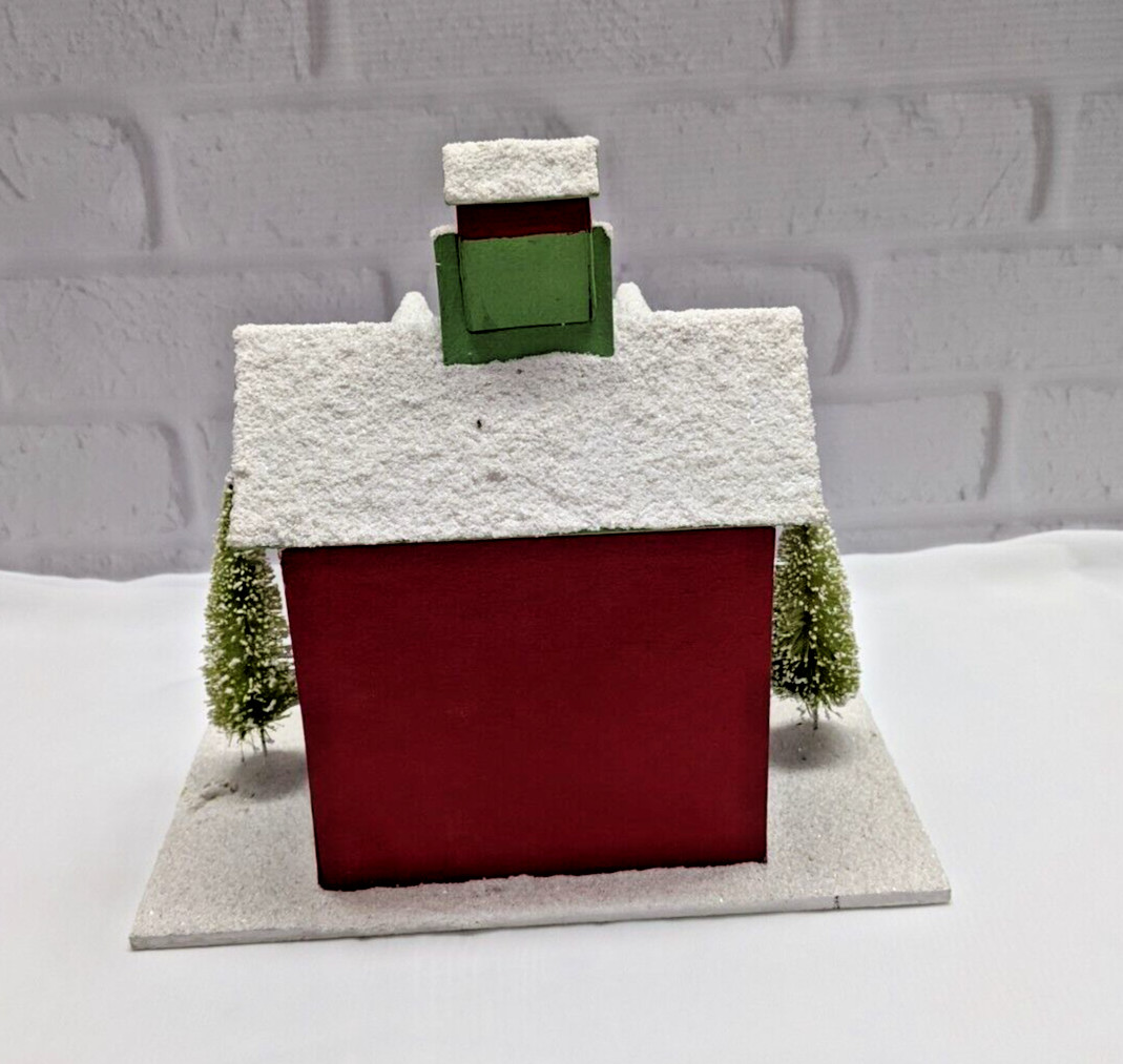 Pottery Barn Christmas Village Decor Red House Small Chimney Tree Snow Roof