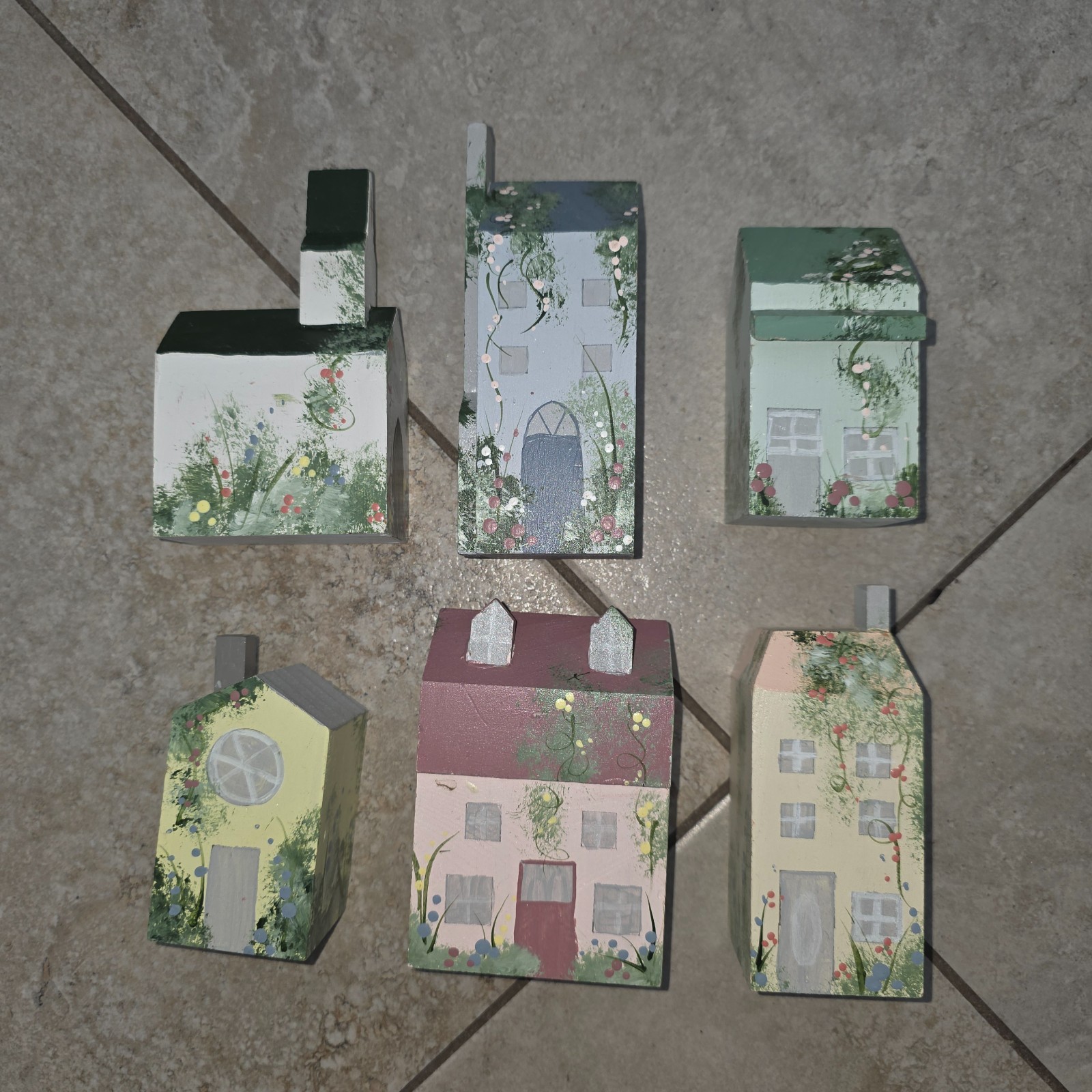 Set/6 Hand Painted Wooden Block House Church Cottages Farmhouse Decor 5″ Tall