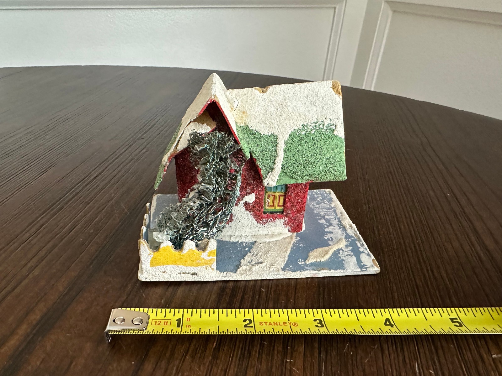 Vintage Japan Christmas Putz House Cardboard Bottle Brush Tree Snow Cottage READ