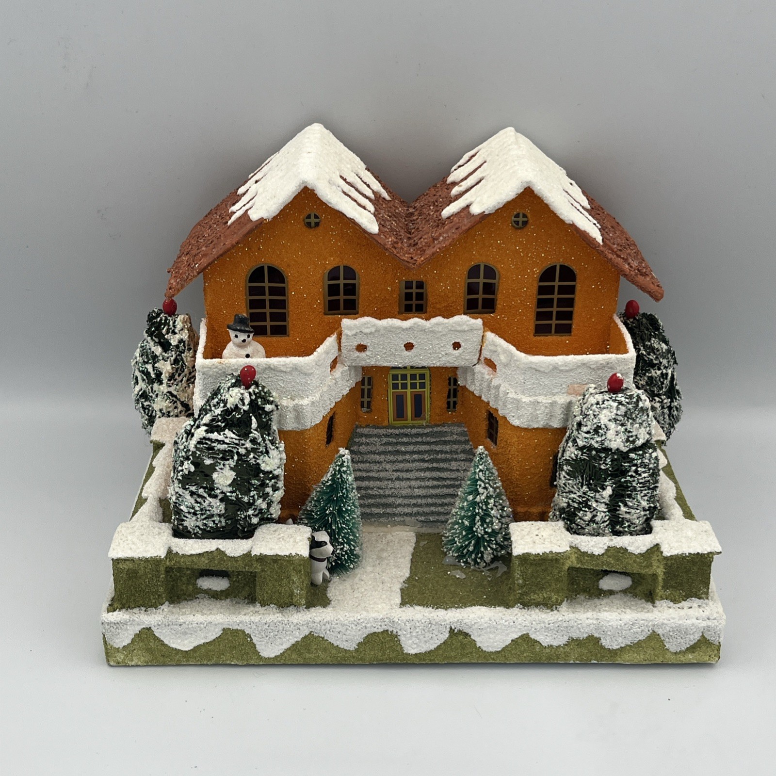 Christopher Radko Shiny Brite Orange Mansion Putz House Snowman Dog Balconies